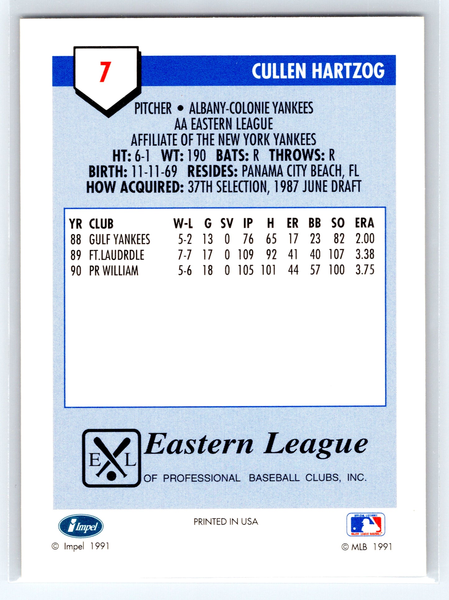1991 Line Drive AA #7 Cullen Hartzog
