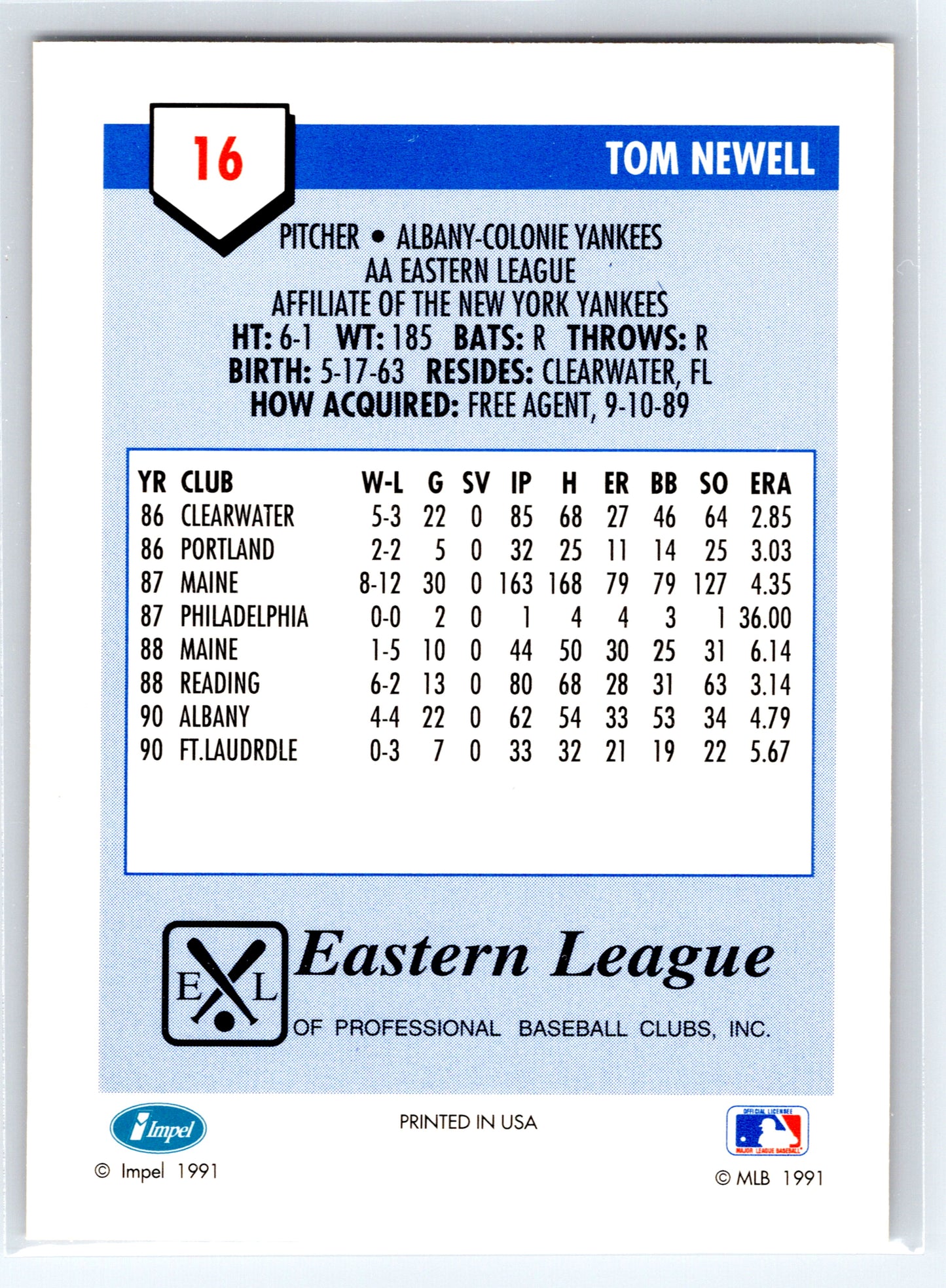 1991 Line Drive AA #16 Tom Newell