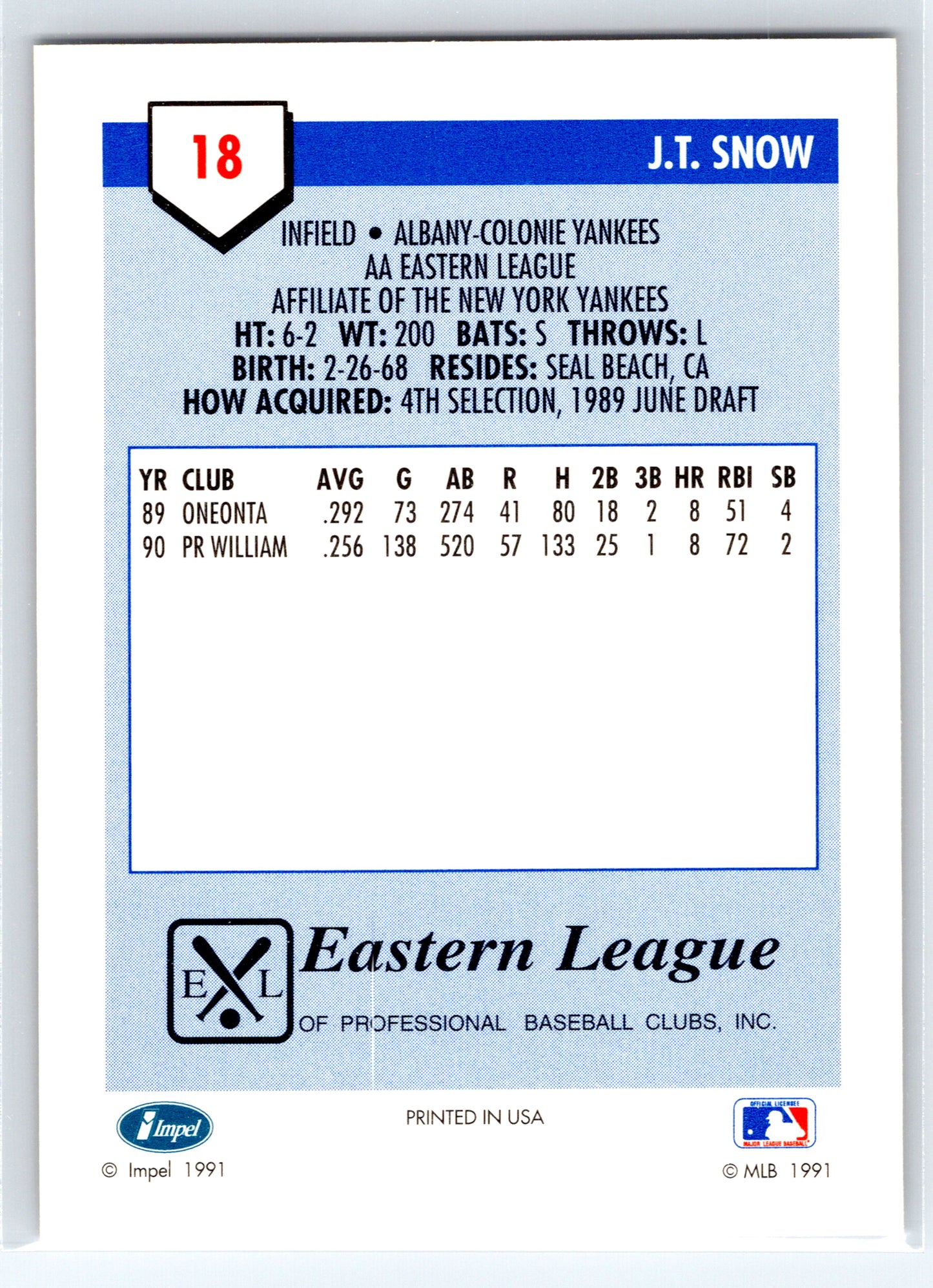 1991 Line Drive AA #18 J.T. Snow