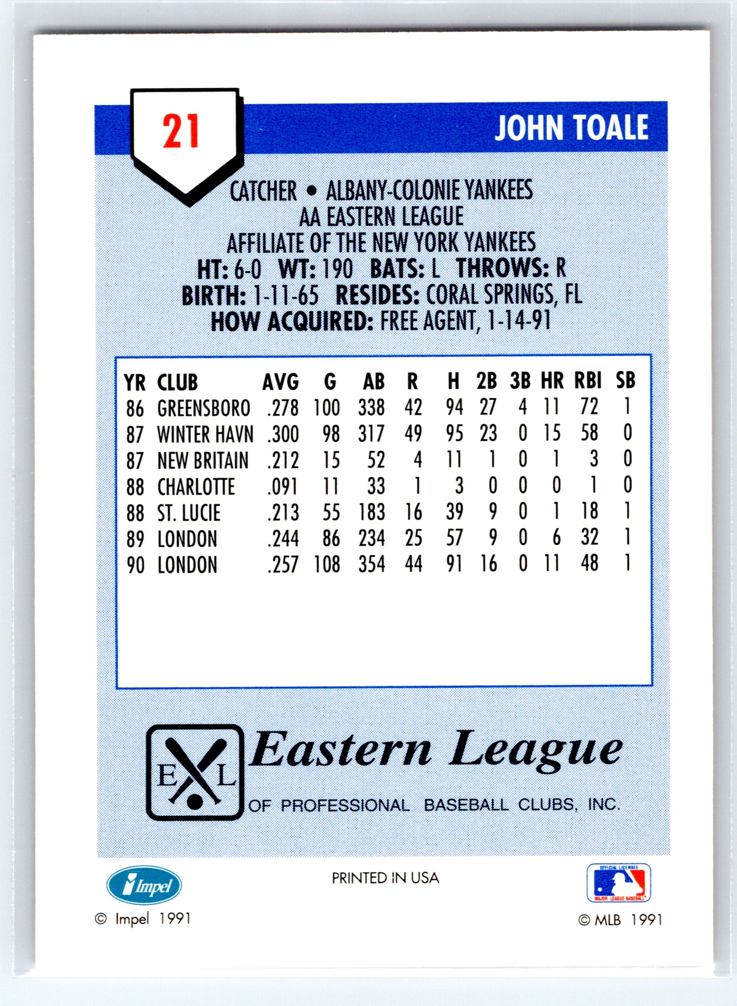 1991 Line Drive AA #21 John Toale