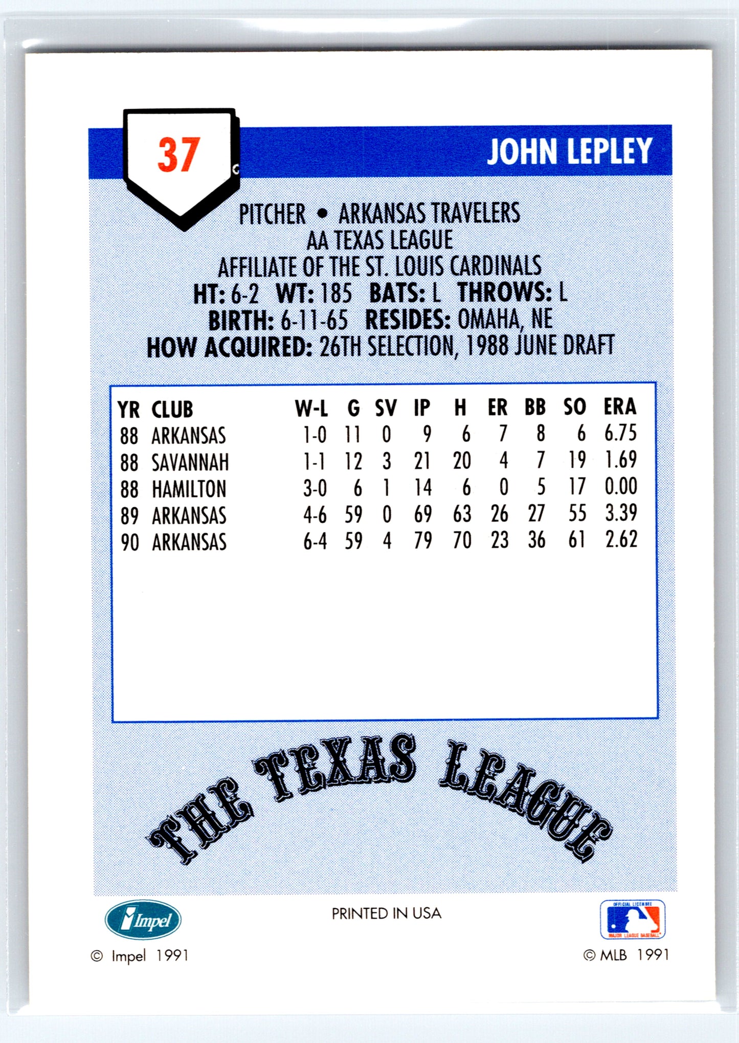 1991 Line Drive AA #37 John Lepley