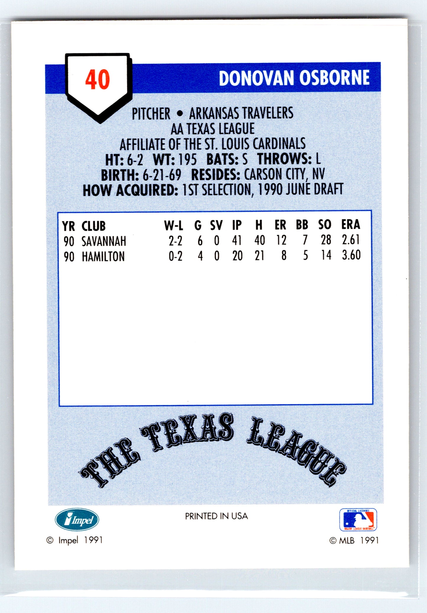 1991 Line Drive AA #40 Donovan Osborne