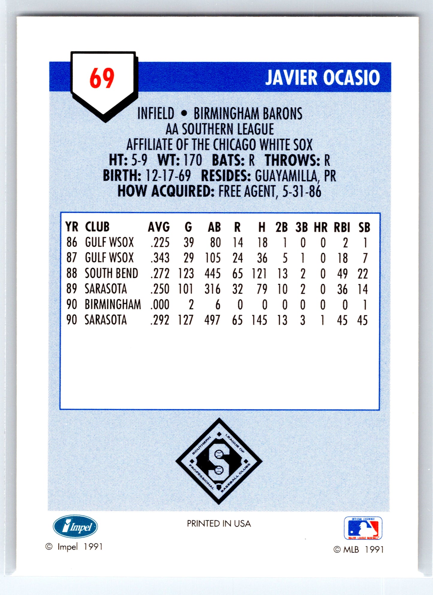 1991 Line Drive AA #69 Javier Ocasio