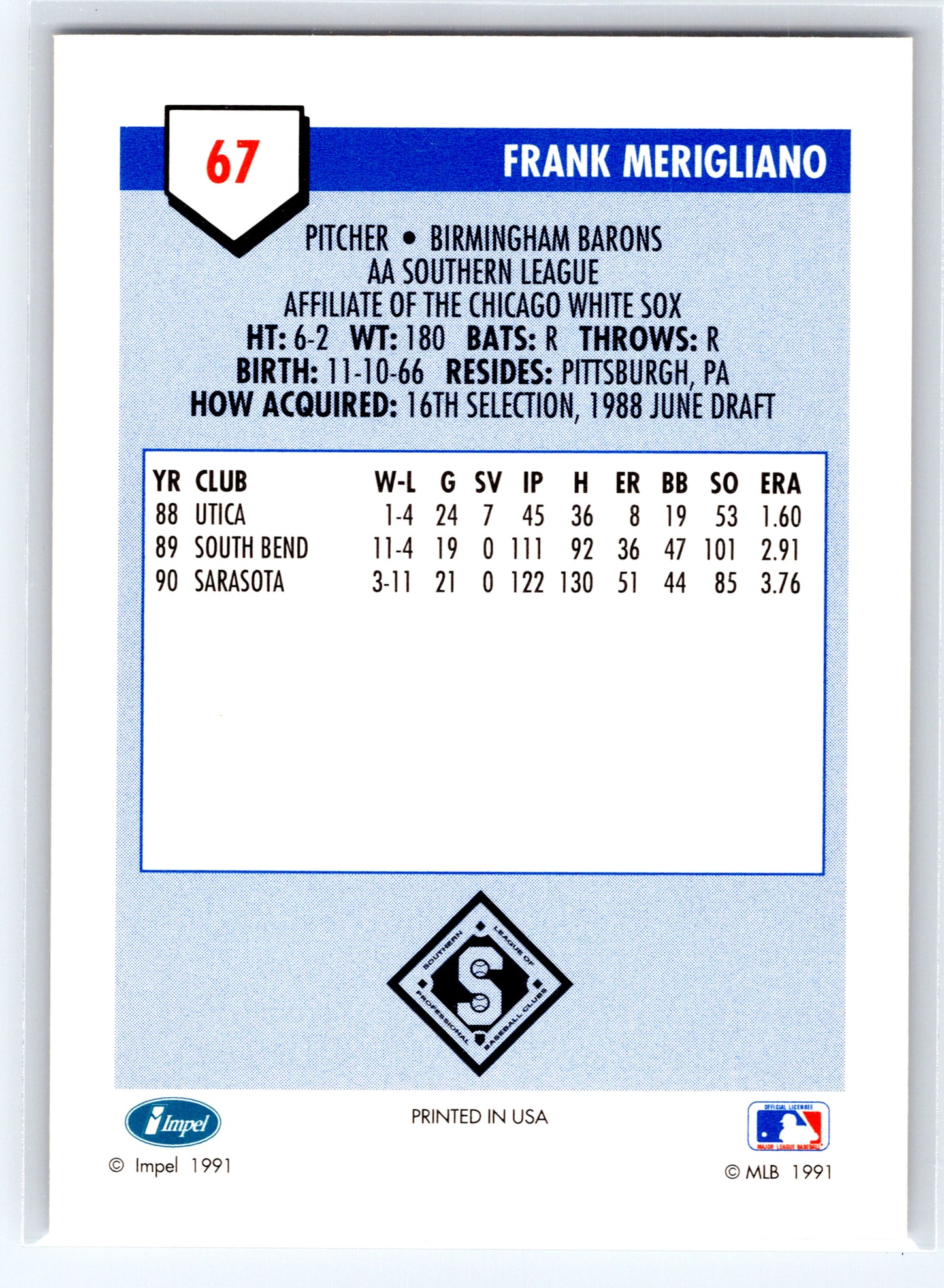 1991 Line Drive AA #67 Frank Merigliano