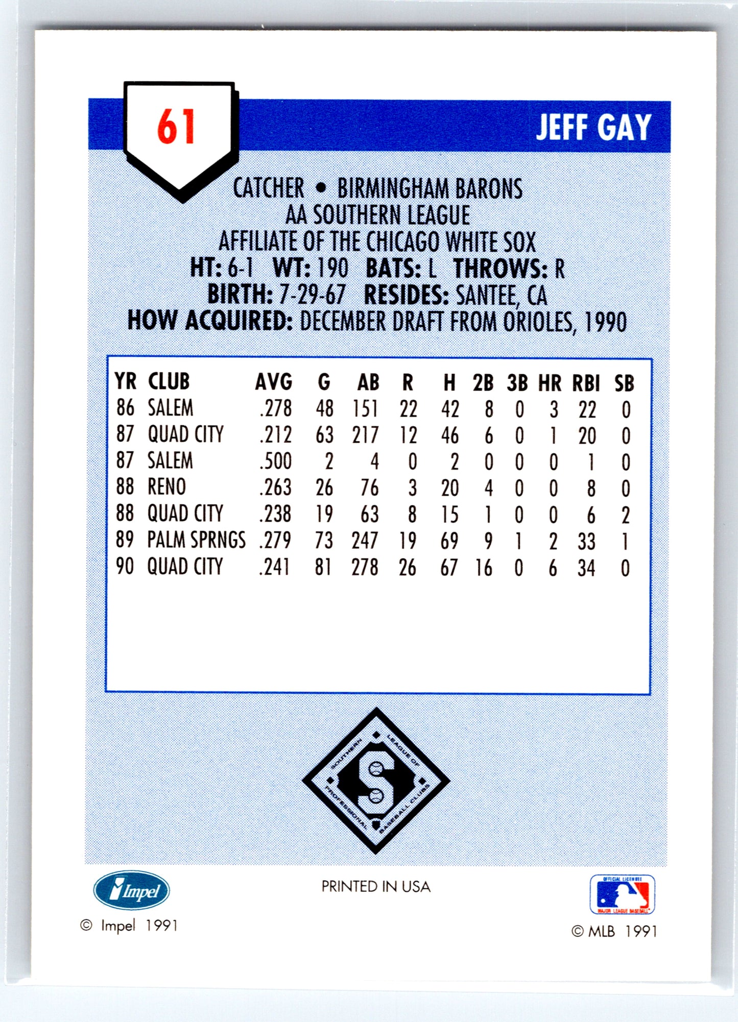 1991 Line Drive AA #61 Jeff Gay