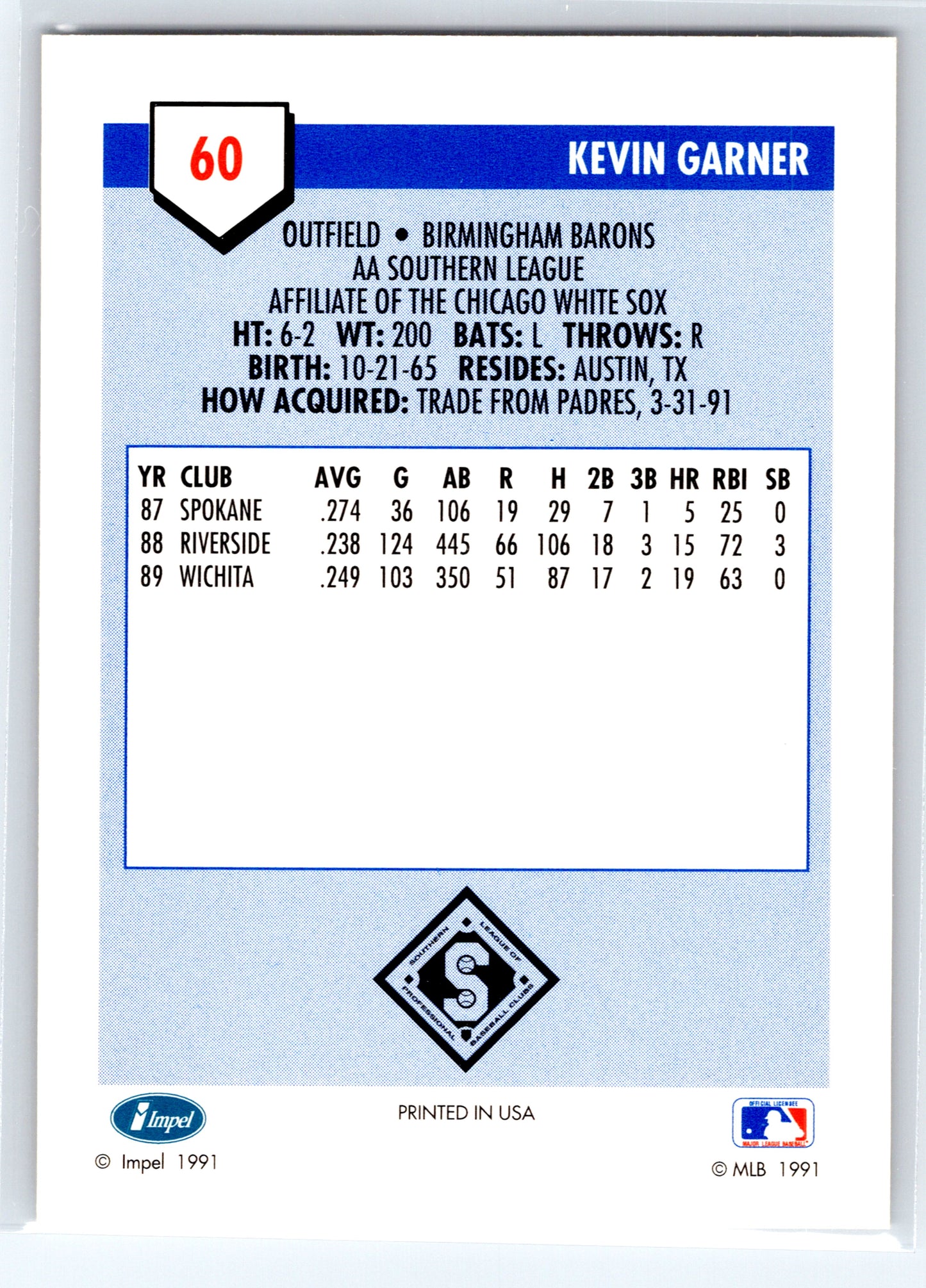 1991 Line Drive AA #60 Kevin Garner