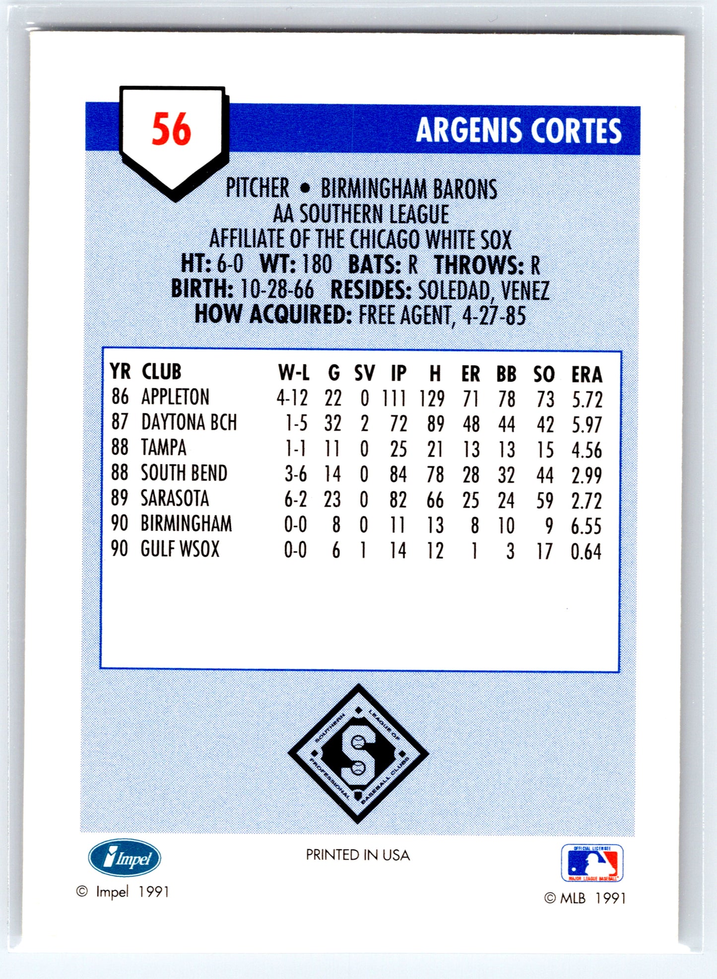 1991 Line Drive AA #56 Argenis Cortes