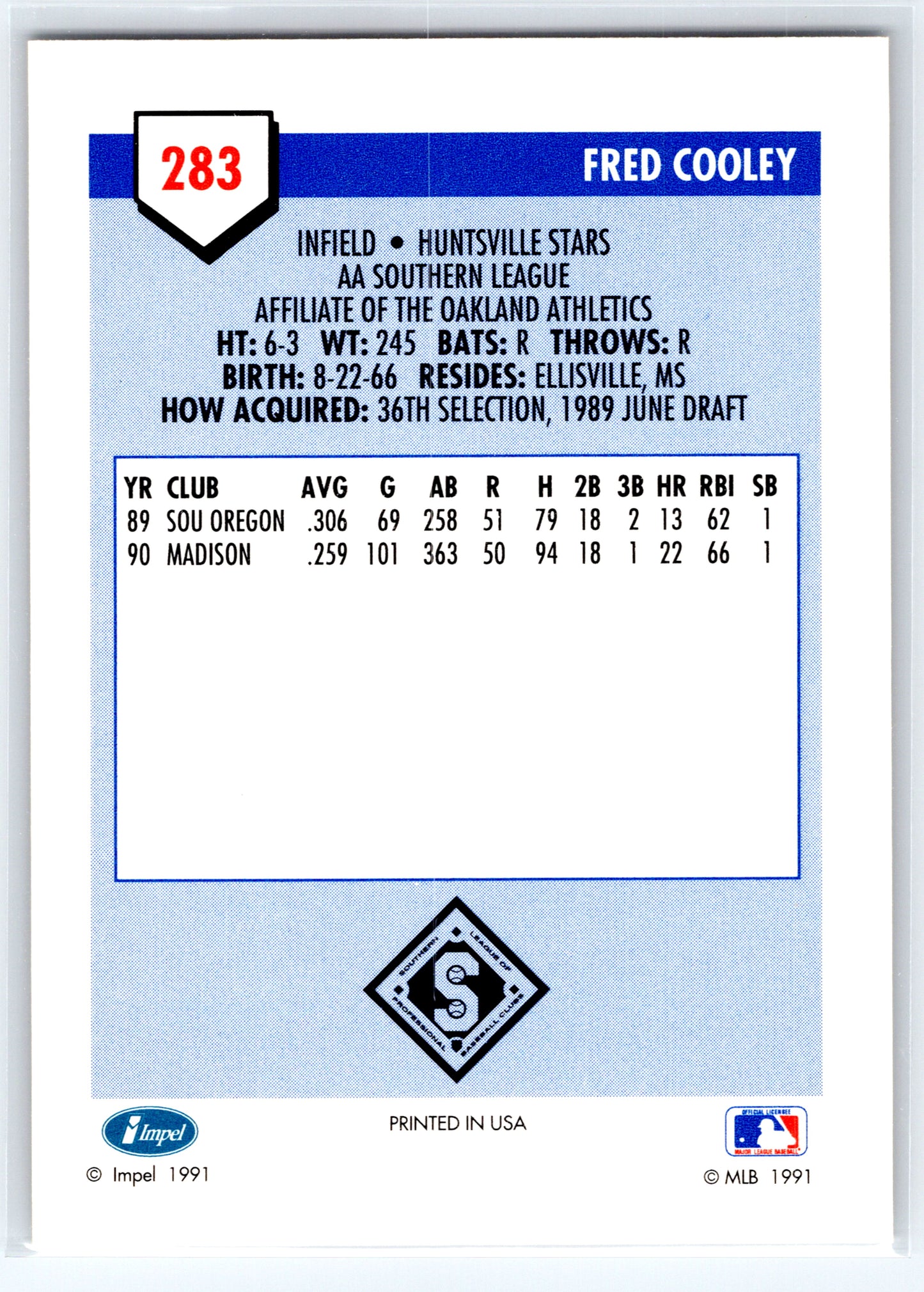 1991 Line Drive AA #283 Fred Cooley