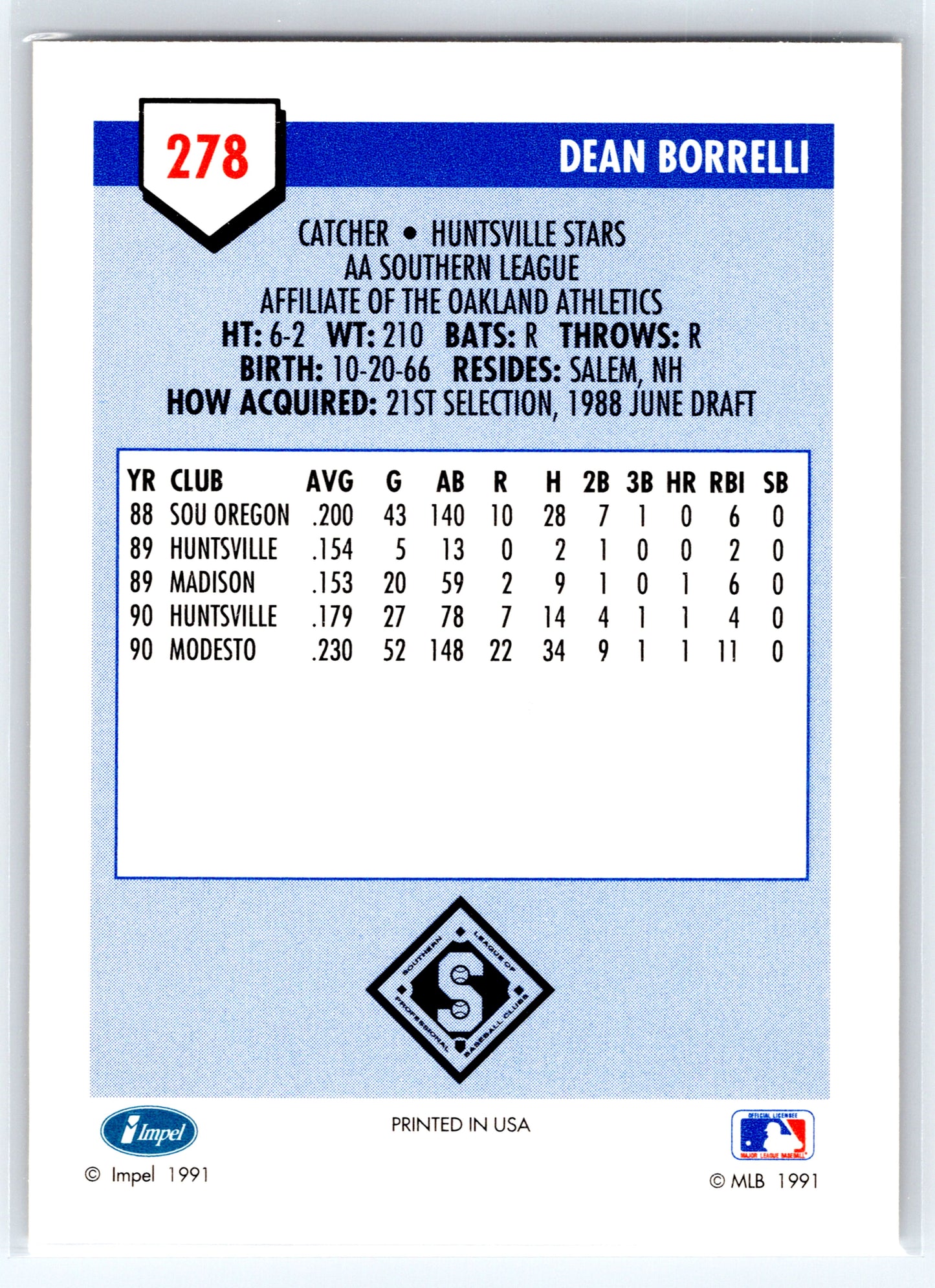1991 Line Drive AA #278 Dean Borrelli