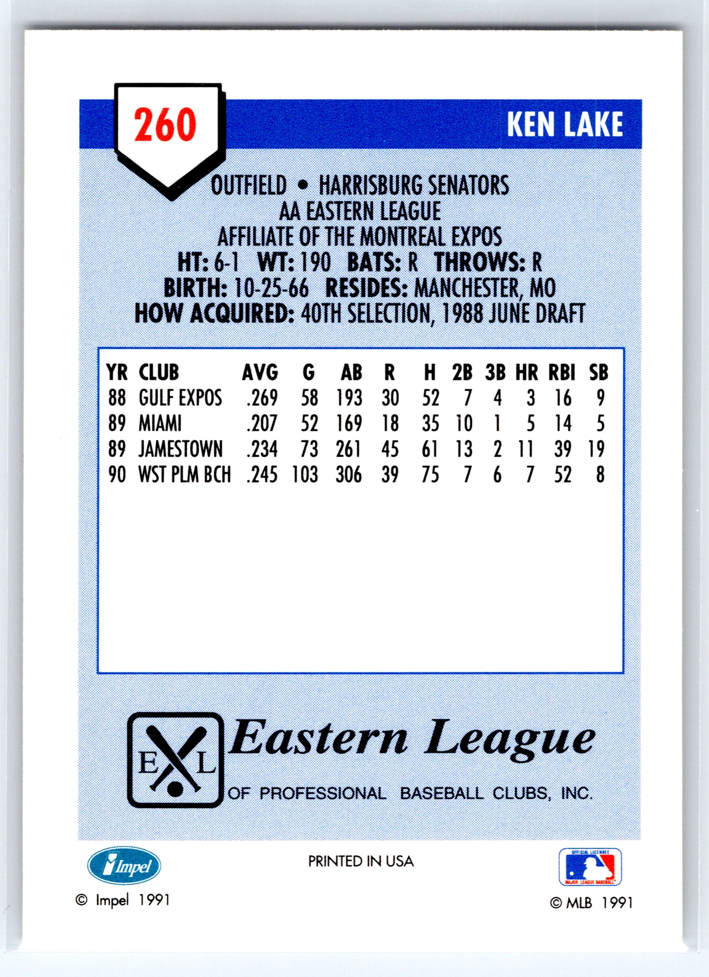 1991 Line Drive AA #260 Ken Lake
