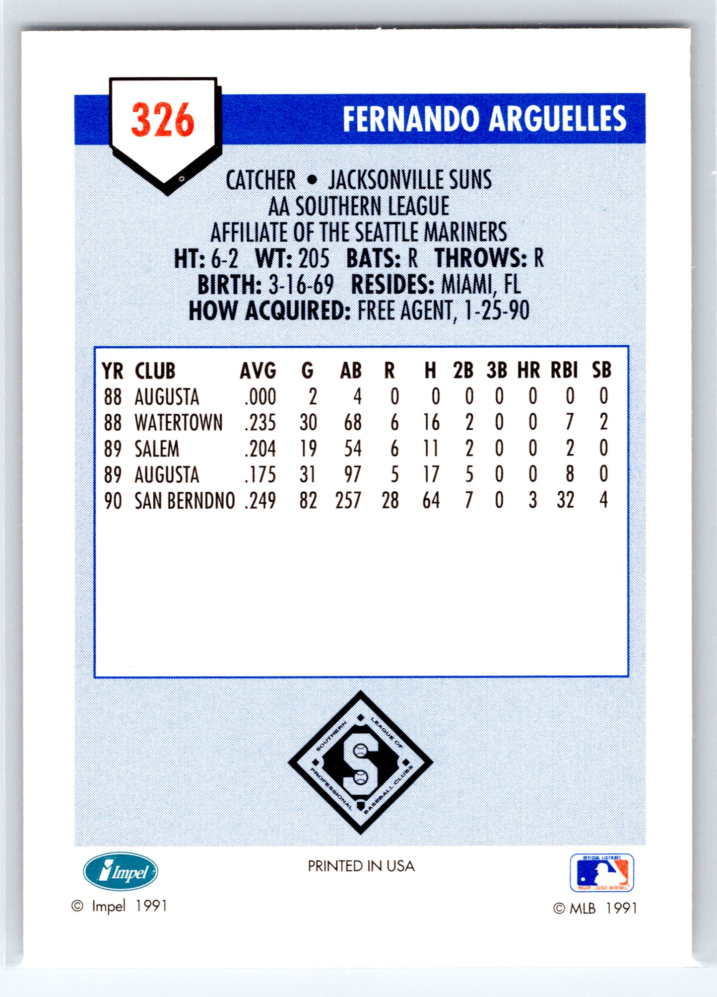 1991 Line Drive AA #326 Fernando Arguelles