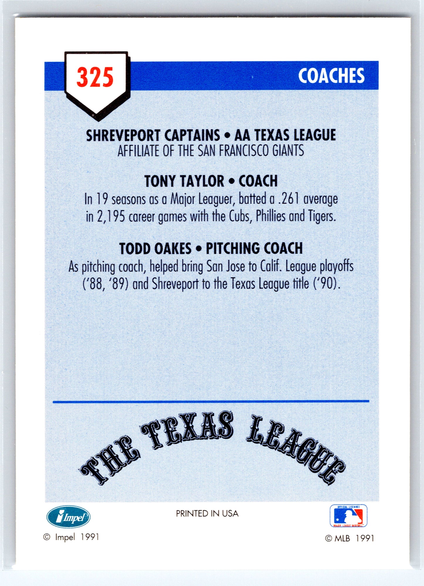 1991 Line Drive AA #325 Tony Taylor / Todd Oakes