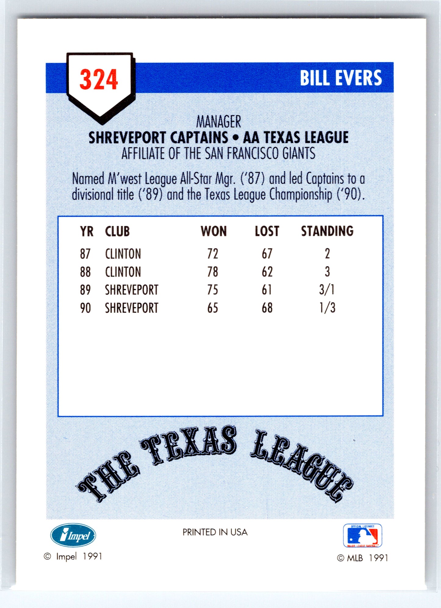1991 Line Drive AA #324 Bill Evers
