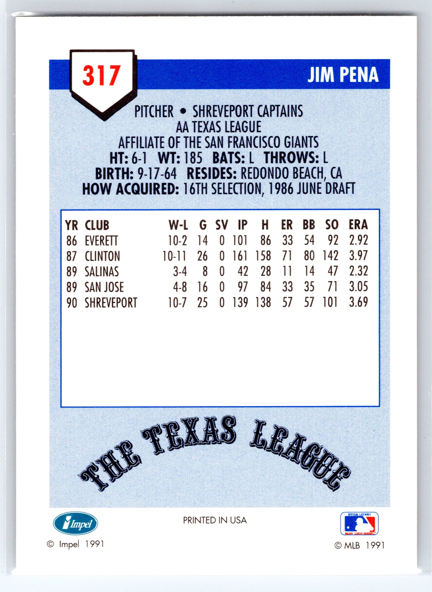 1991 Line Drive AA #317 Jim Pena