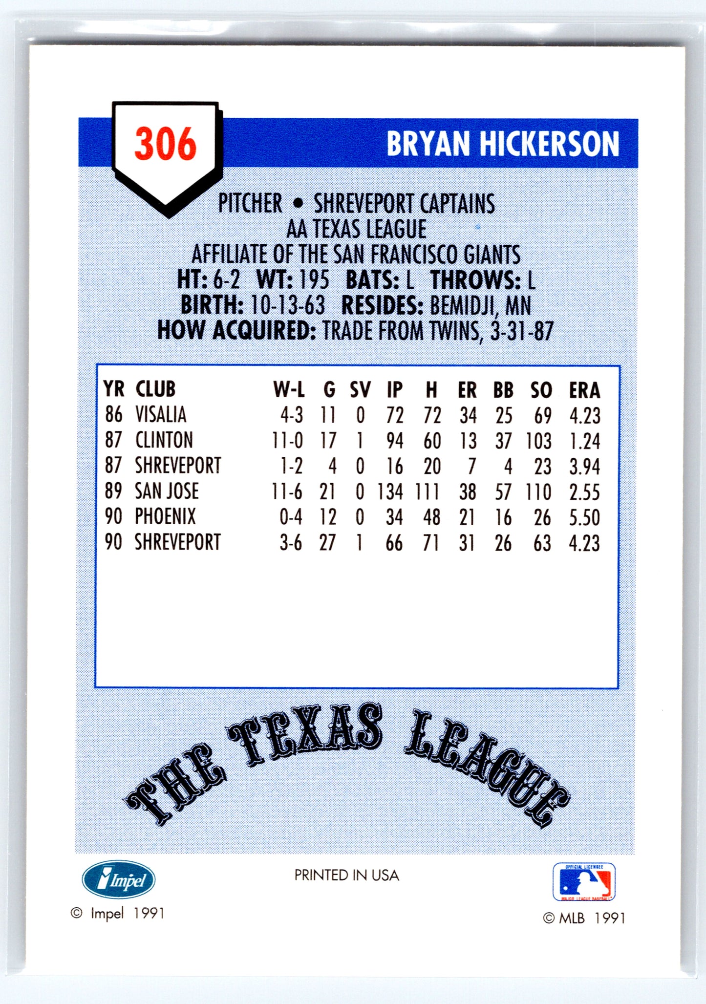 1991 Line Drive AA #306 Bryan Hickerson