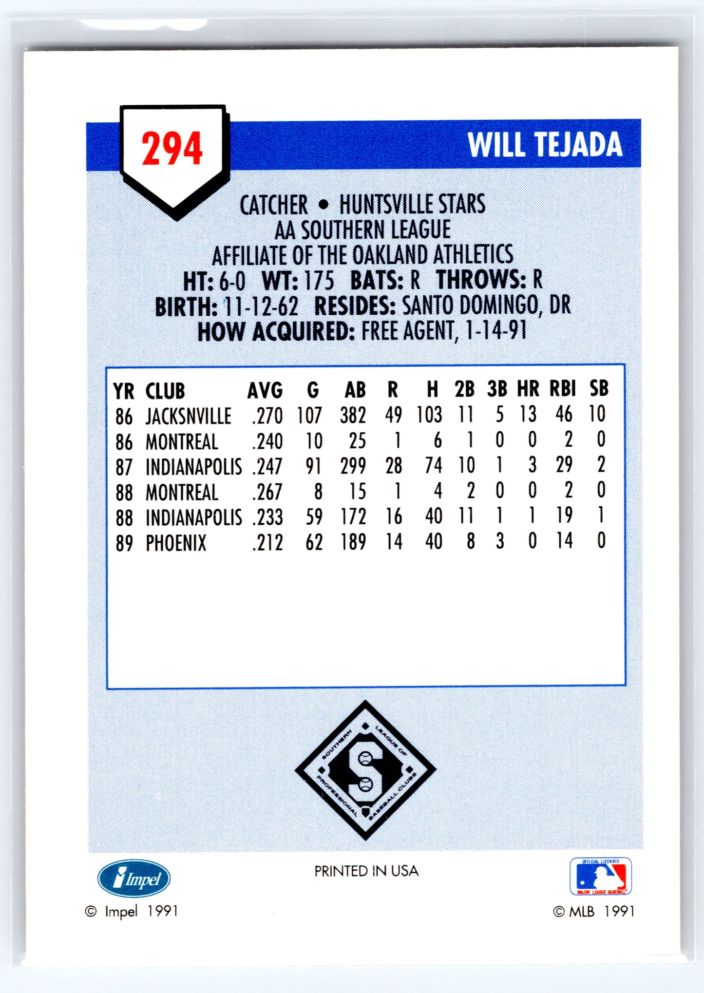 1991 Line Drive AA #294 Will Tejada