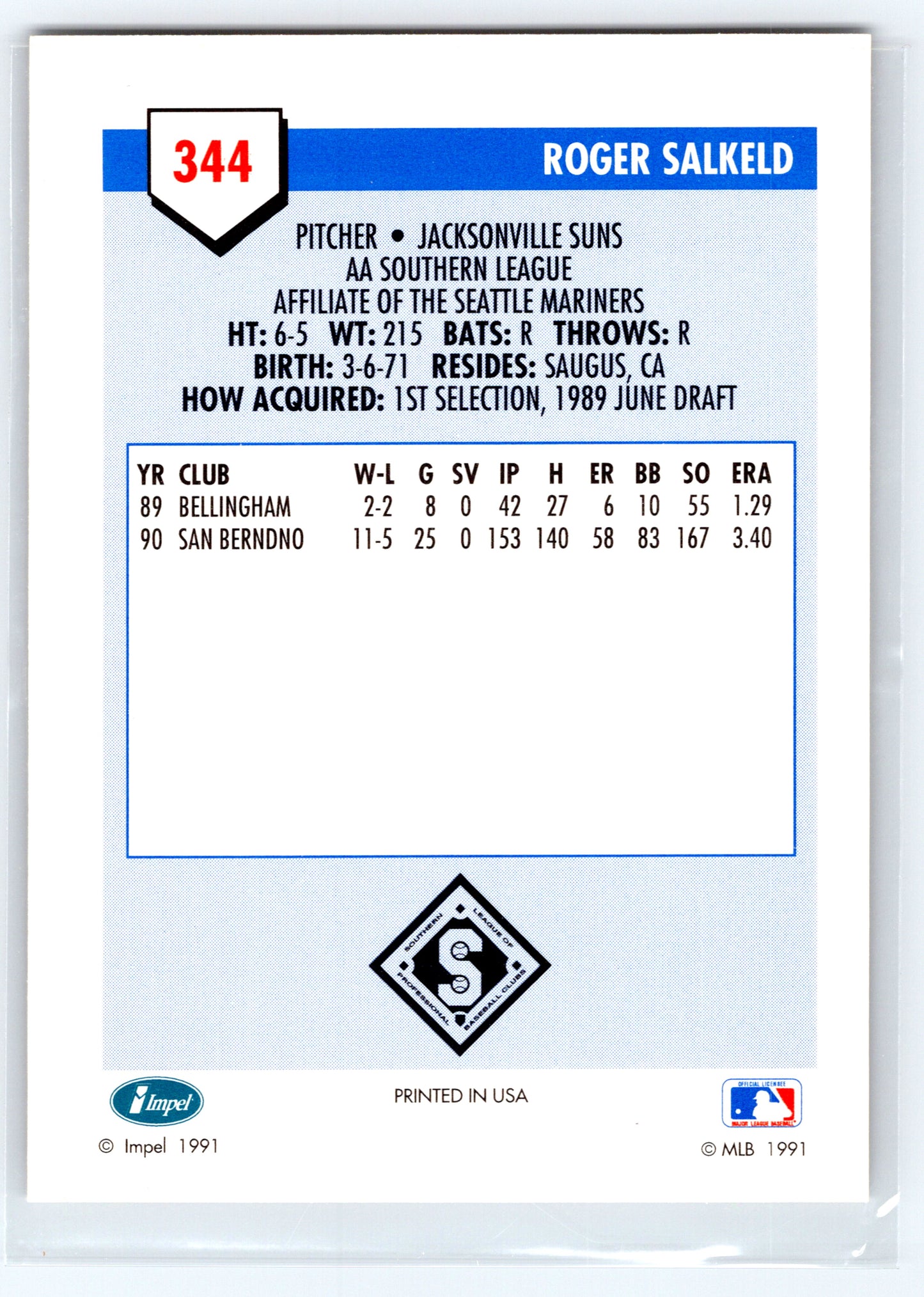 1991 Line Drive AA #344 Roger Salkeld