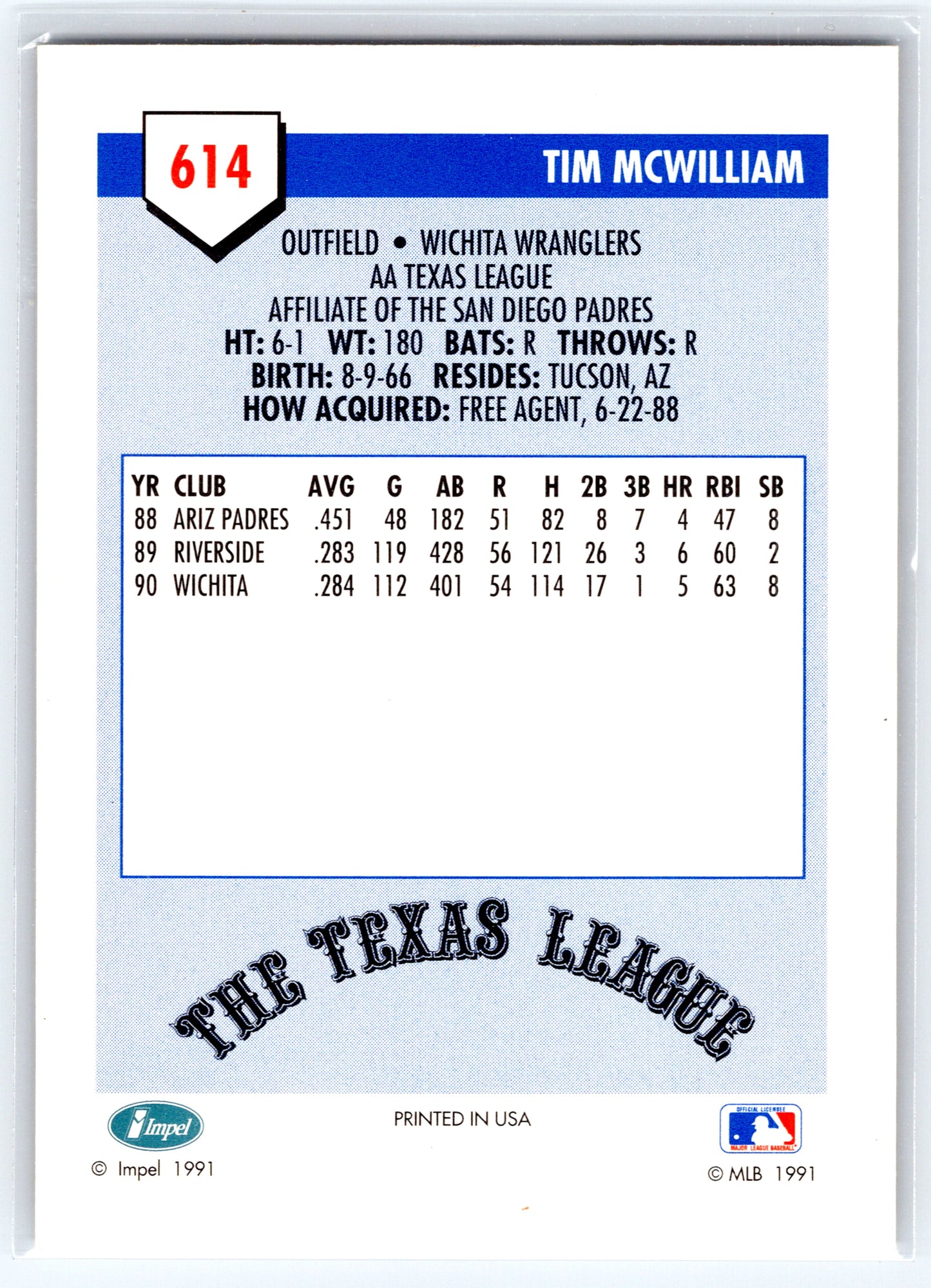1991 Line Drive AA #614 Tim McWilliam