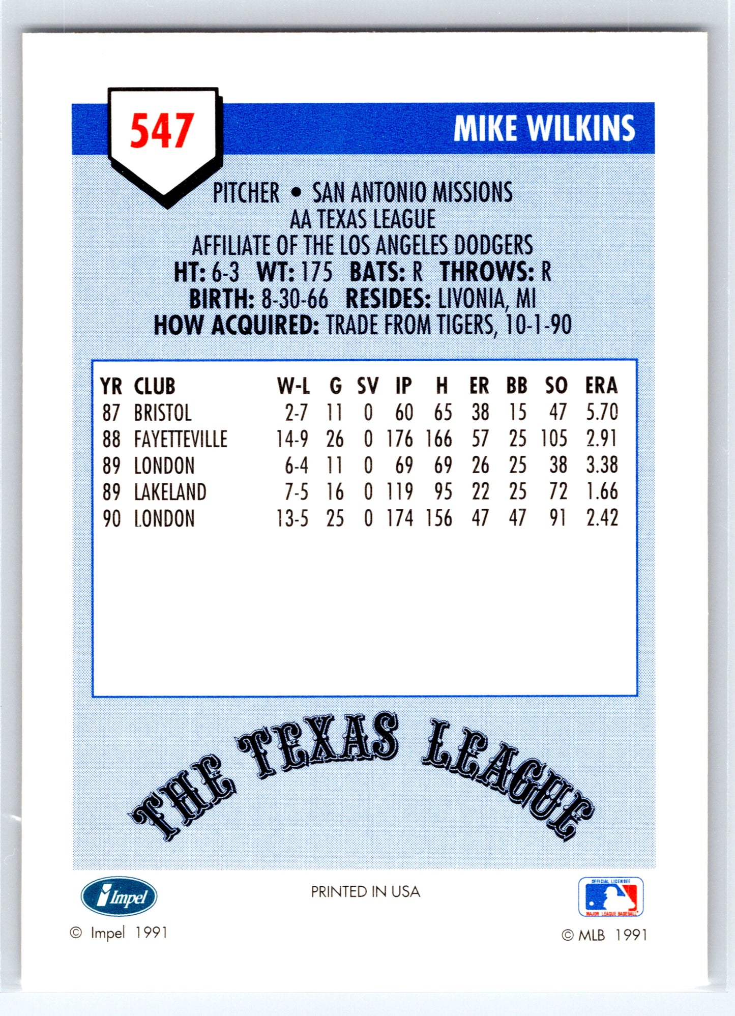 1991 Line Drive AA #547 Mike Wilkins