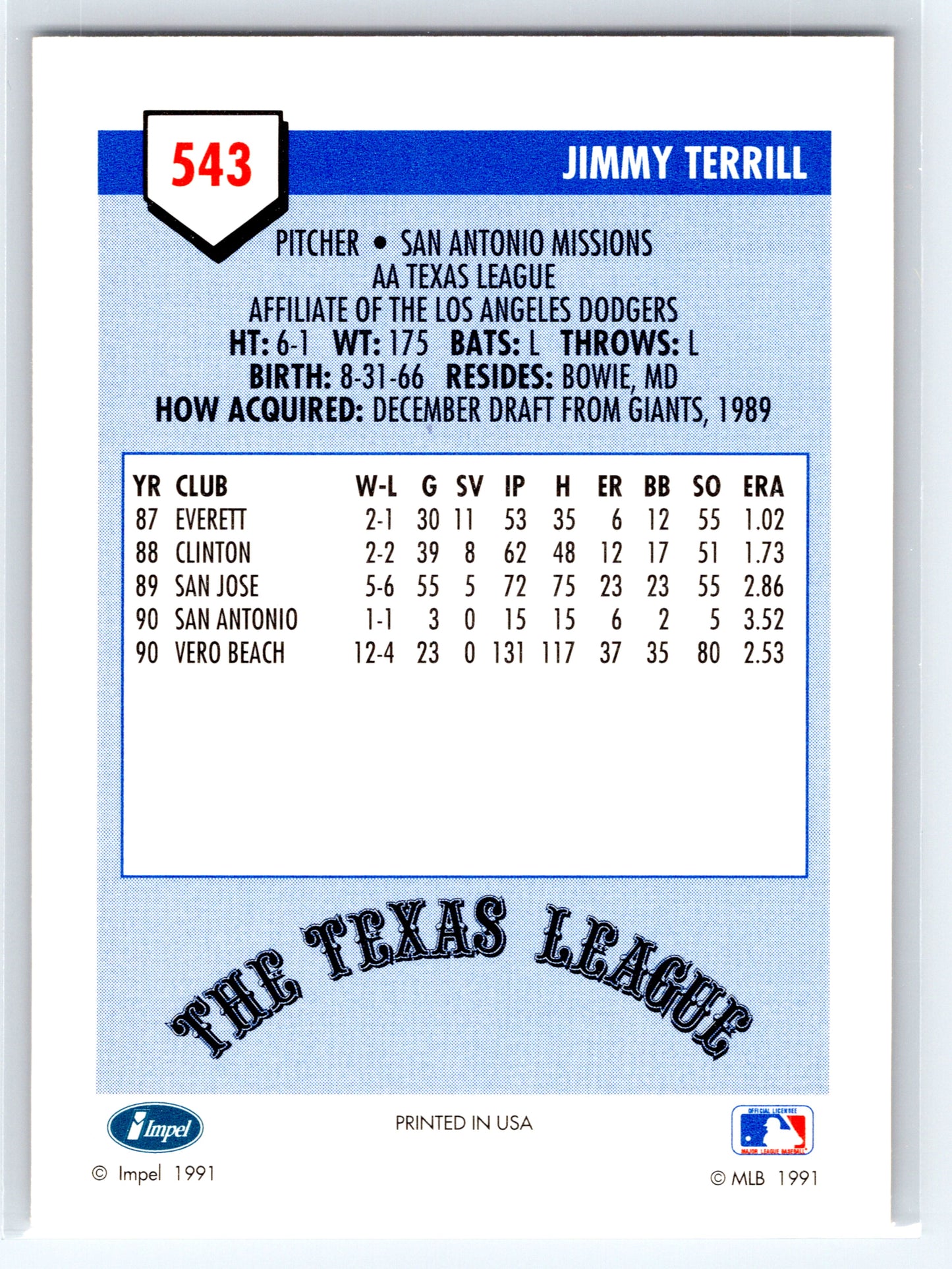 1991 Line Drive AA #543 Jimmy Terrill