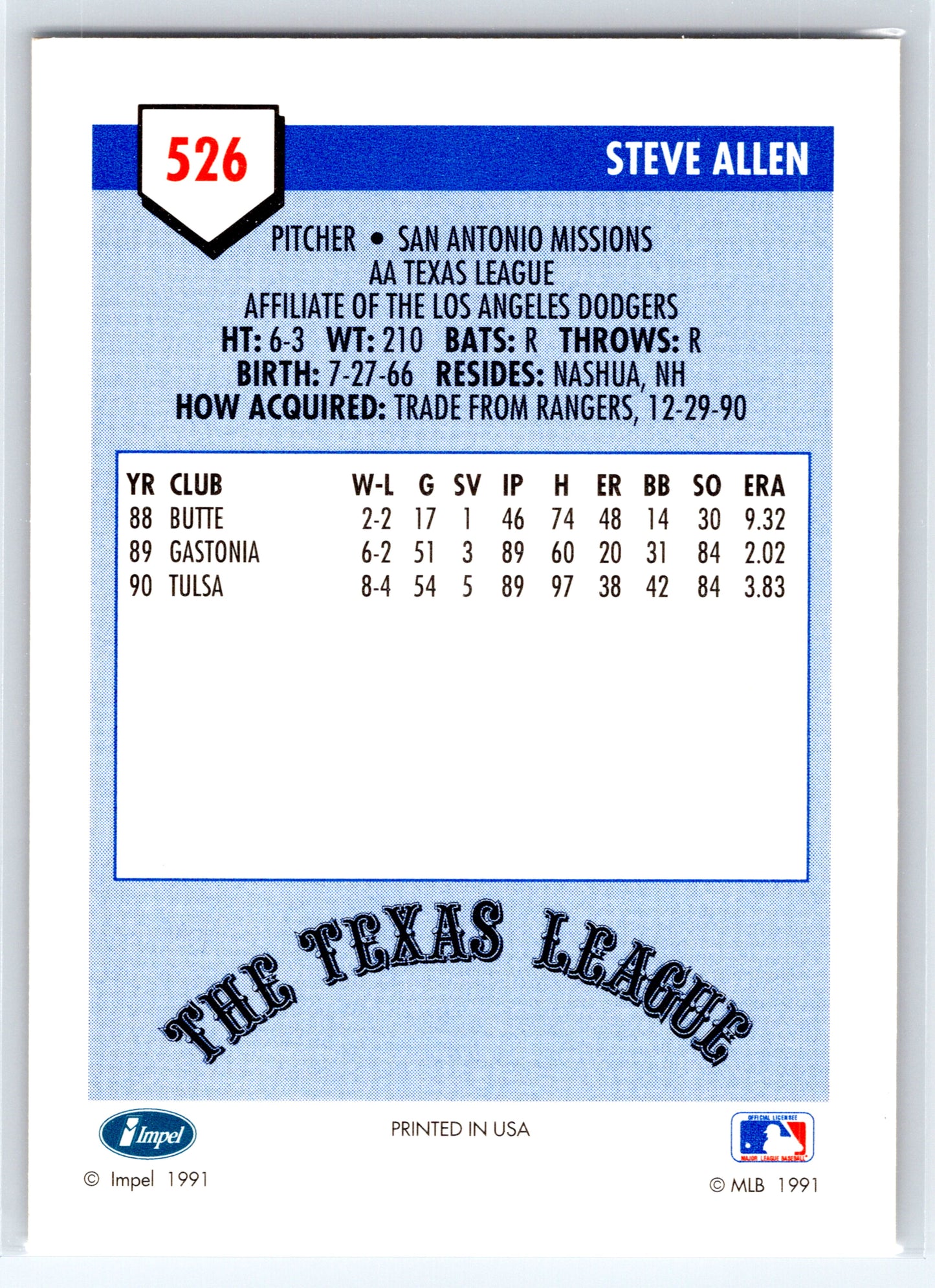 1991 Line Drive AA #526 Steve Allen
