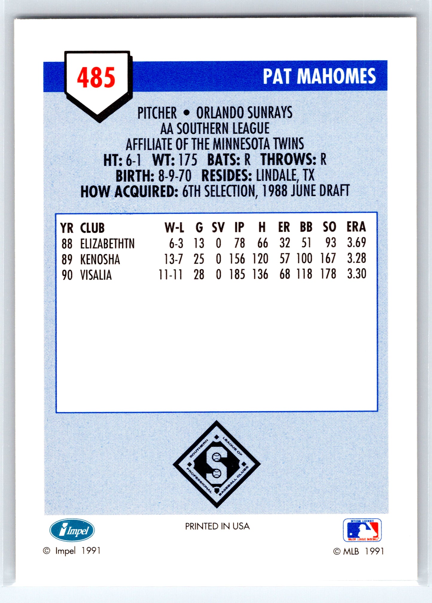 1991 Line Drive AA #485 Pat Mahomes