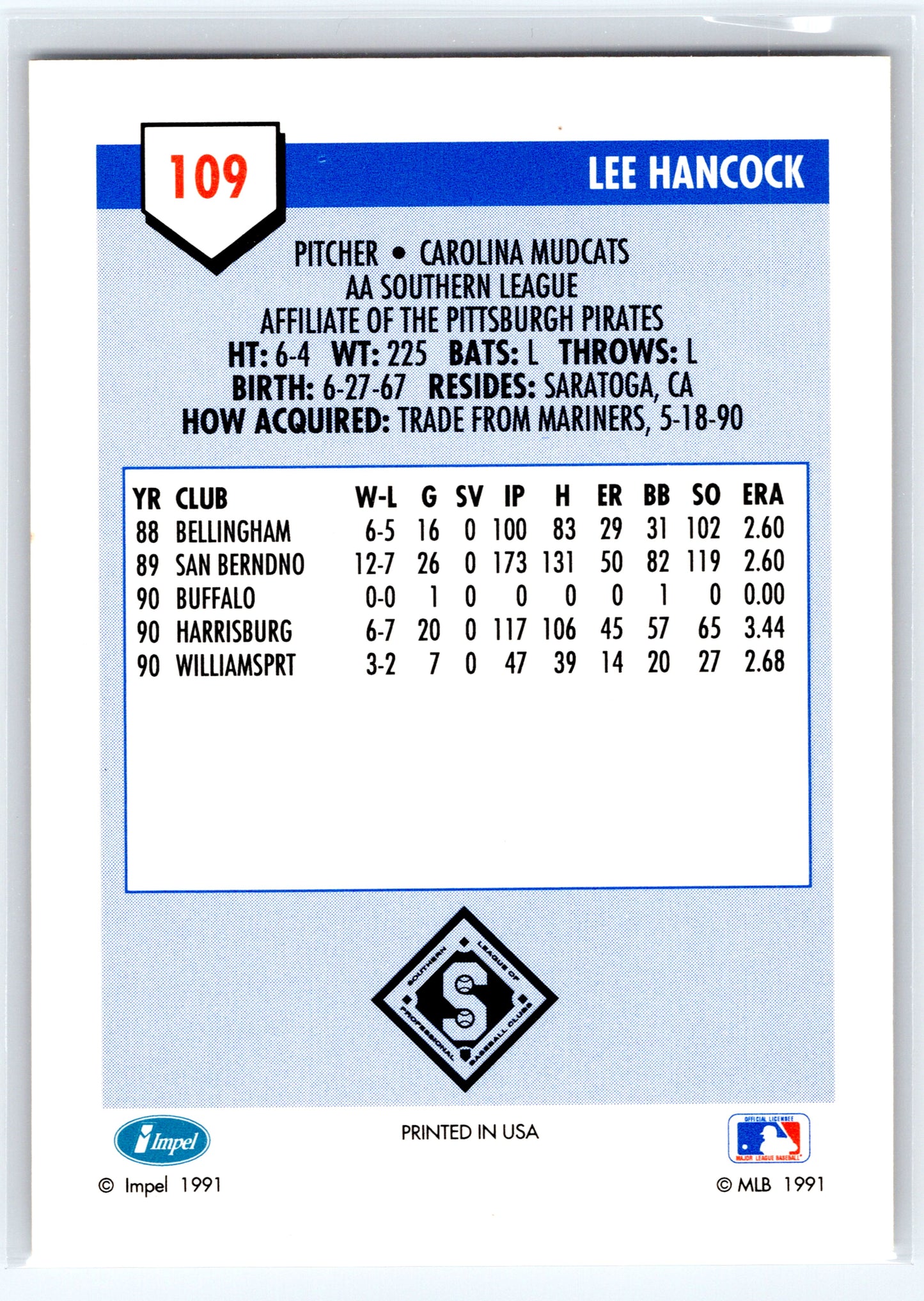 1991 Line Drive AA #109 Lee Hancock
