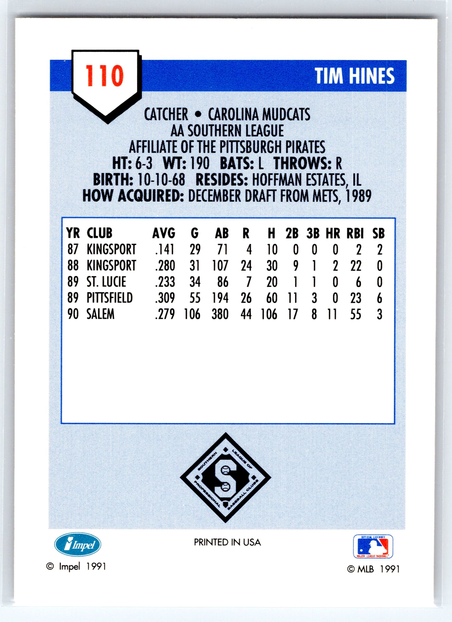 1991 Line Drive AA #110 Tim Hines