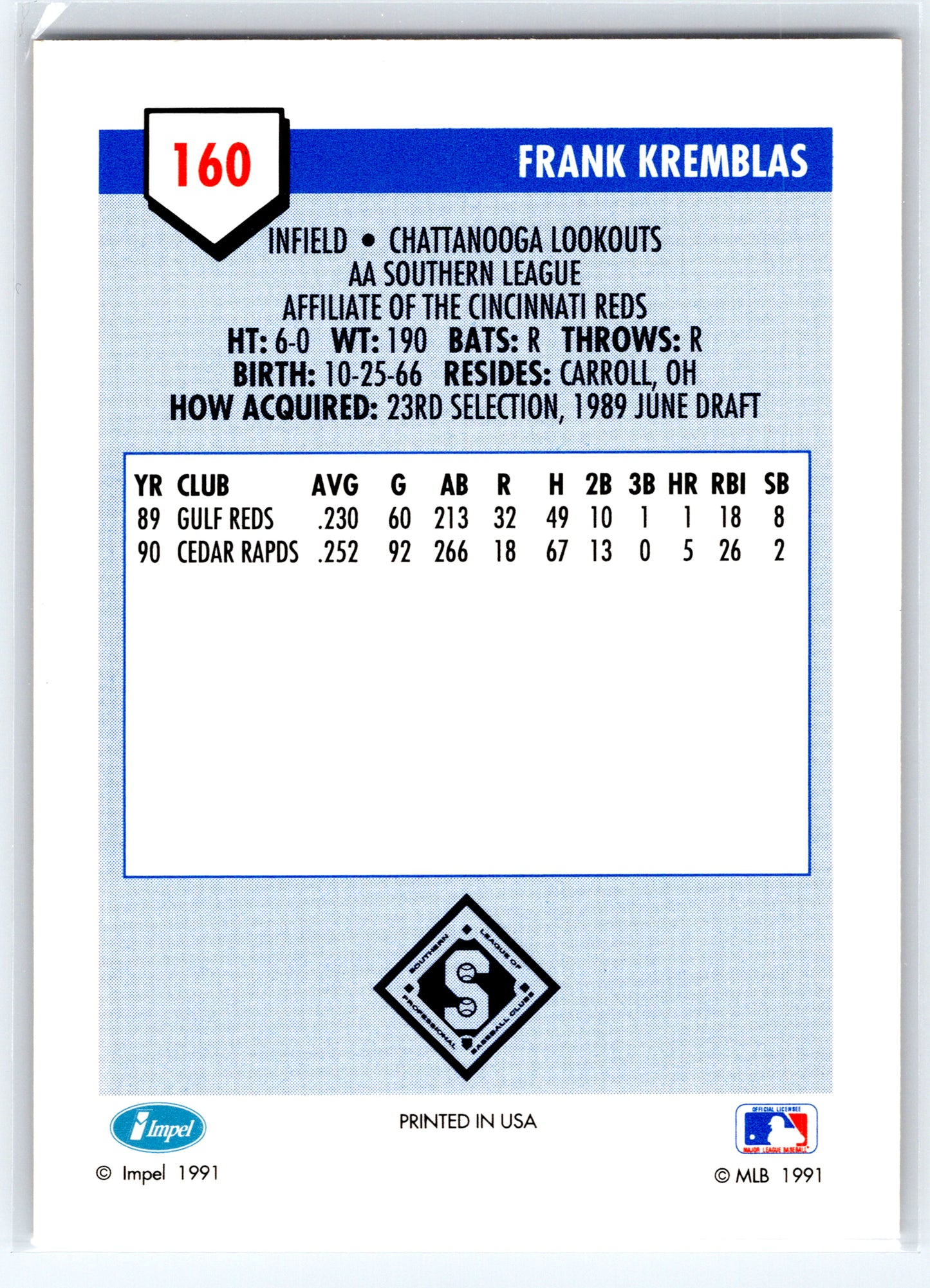 1991 Line Drive AA #160 Frank Kremblas