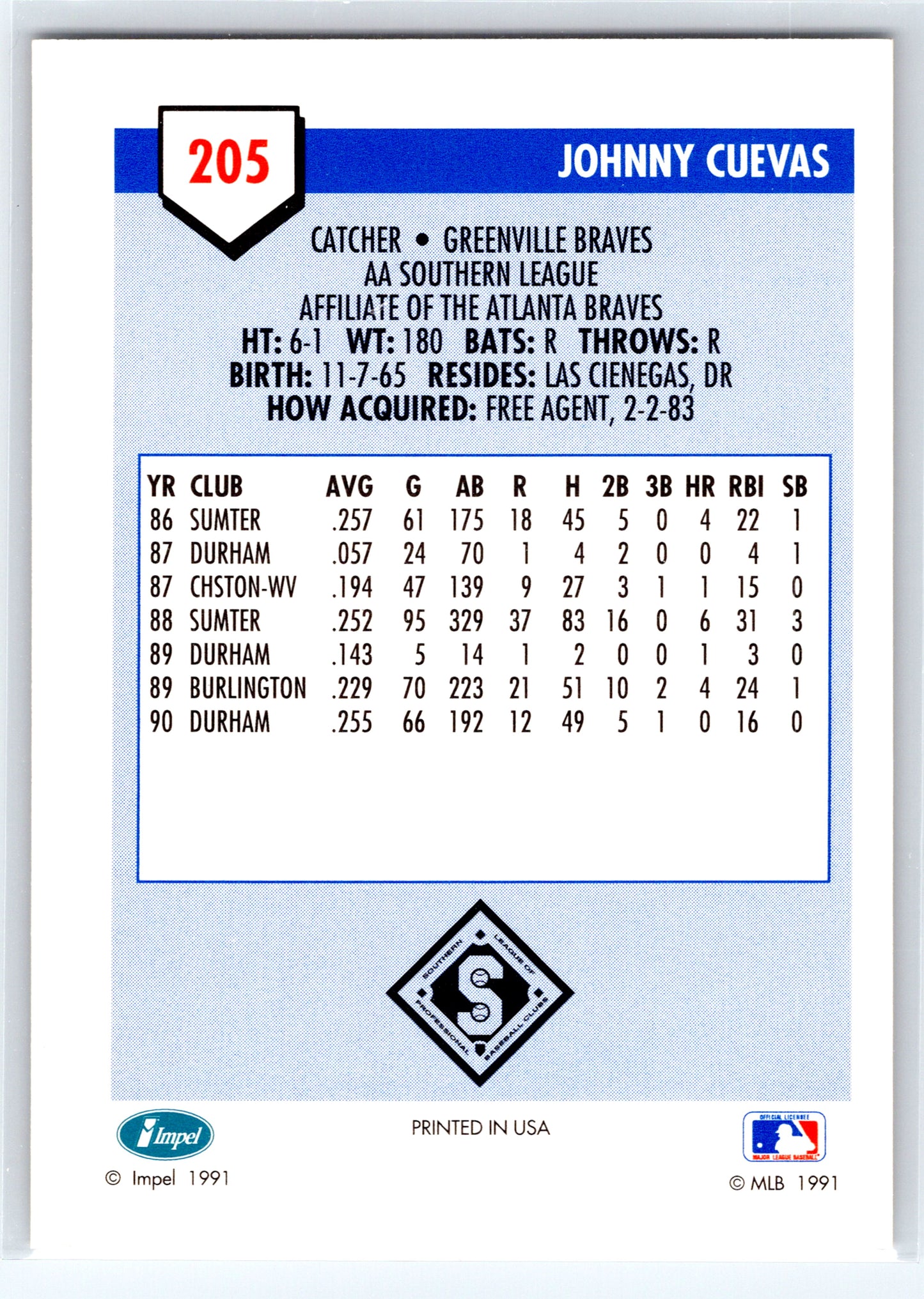 1991 Line Drive AA #205 Johnny Cuevas