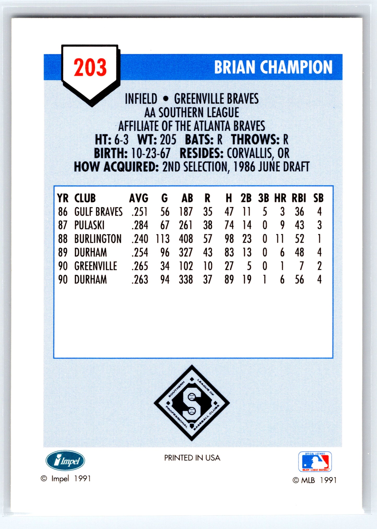 1991 Line Drive AA #203 Brian Champion