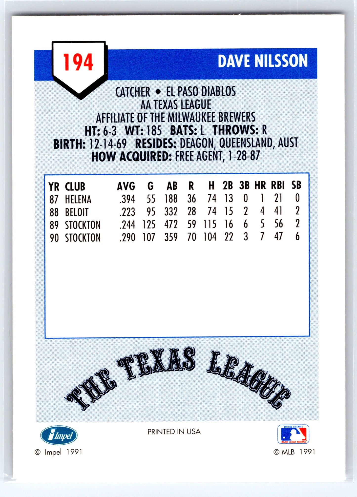 1991 Line Drive AA #194 Dave Nilsson