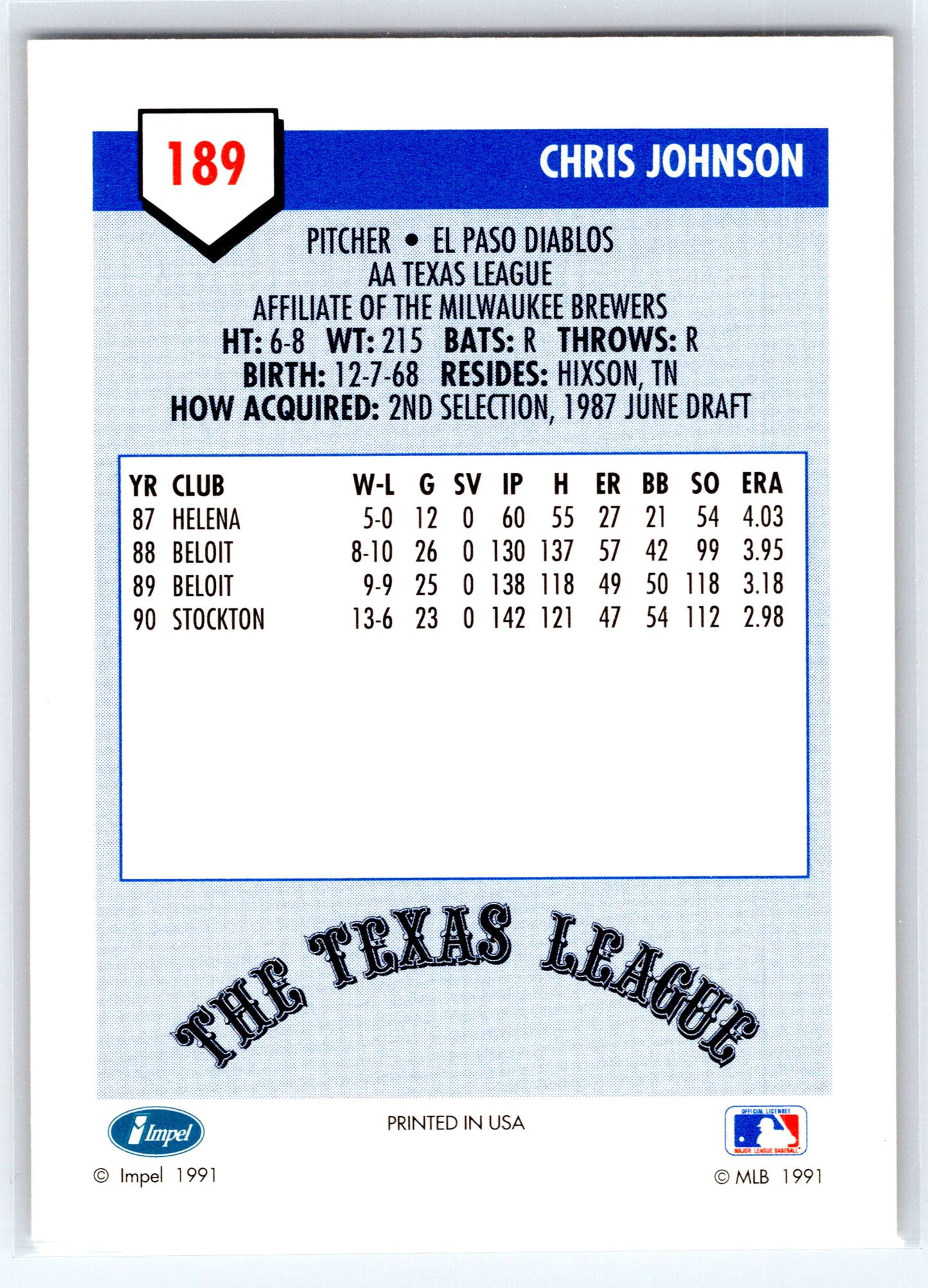 1991 Line Drive AA #189 Chris Johnson