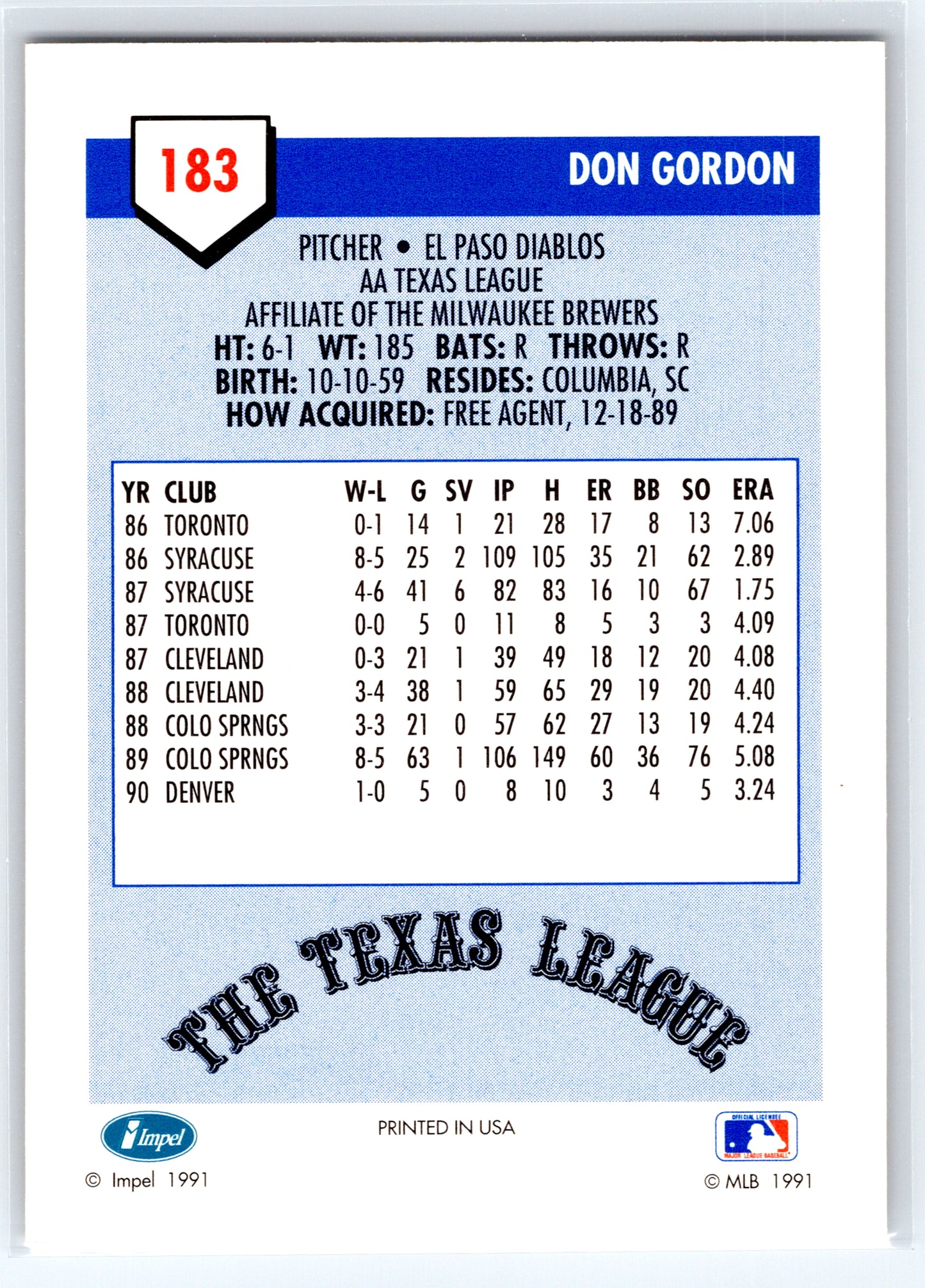 1991 Line Drive AA #183 Don Gordon