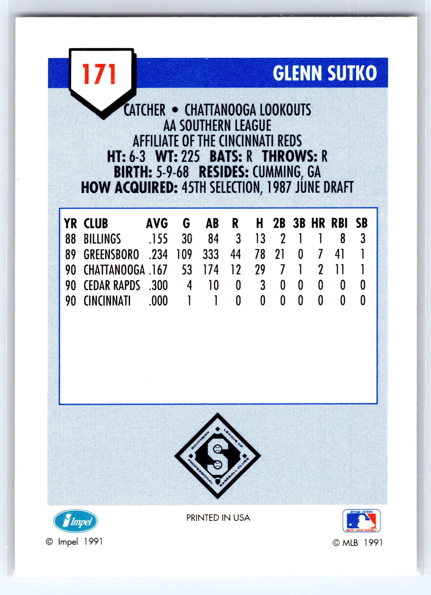 1991 Line Drive AA #171 Glenn Sutko