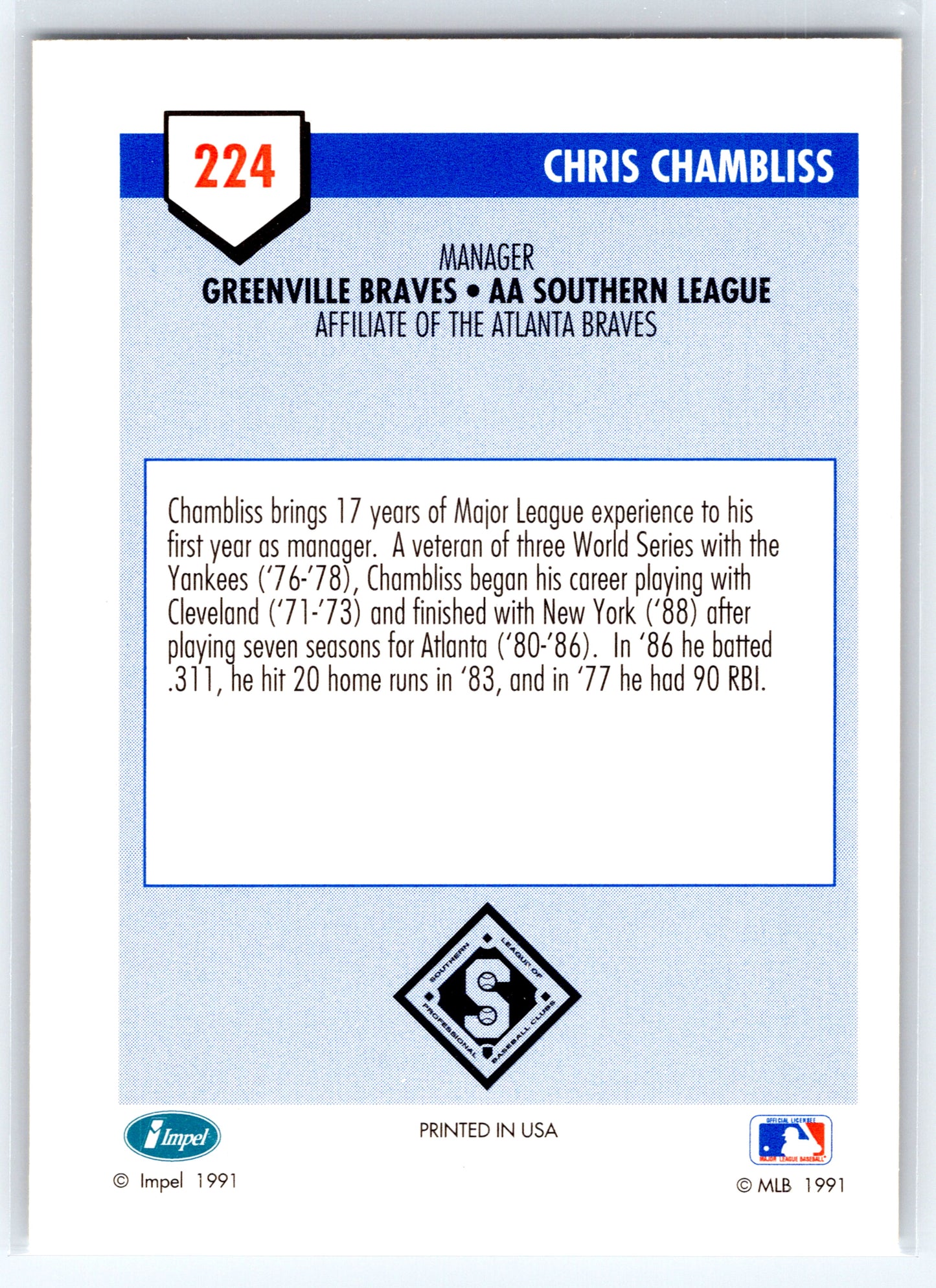 1991 Line Drive AA #224 Chris Chambliss