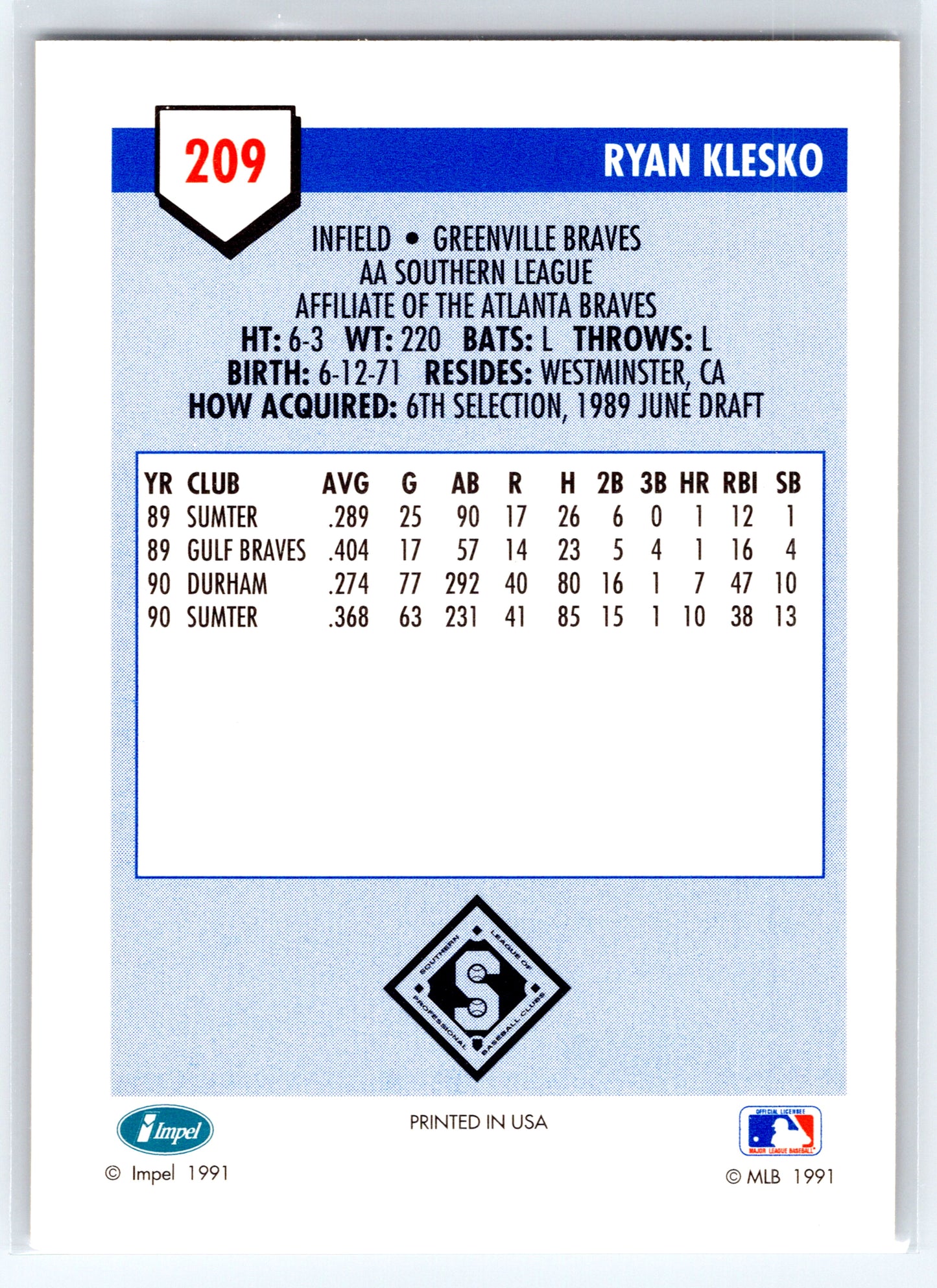 1991 Line Drive AA #209 Ryan Klesko