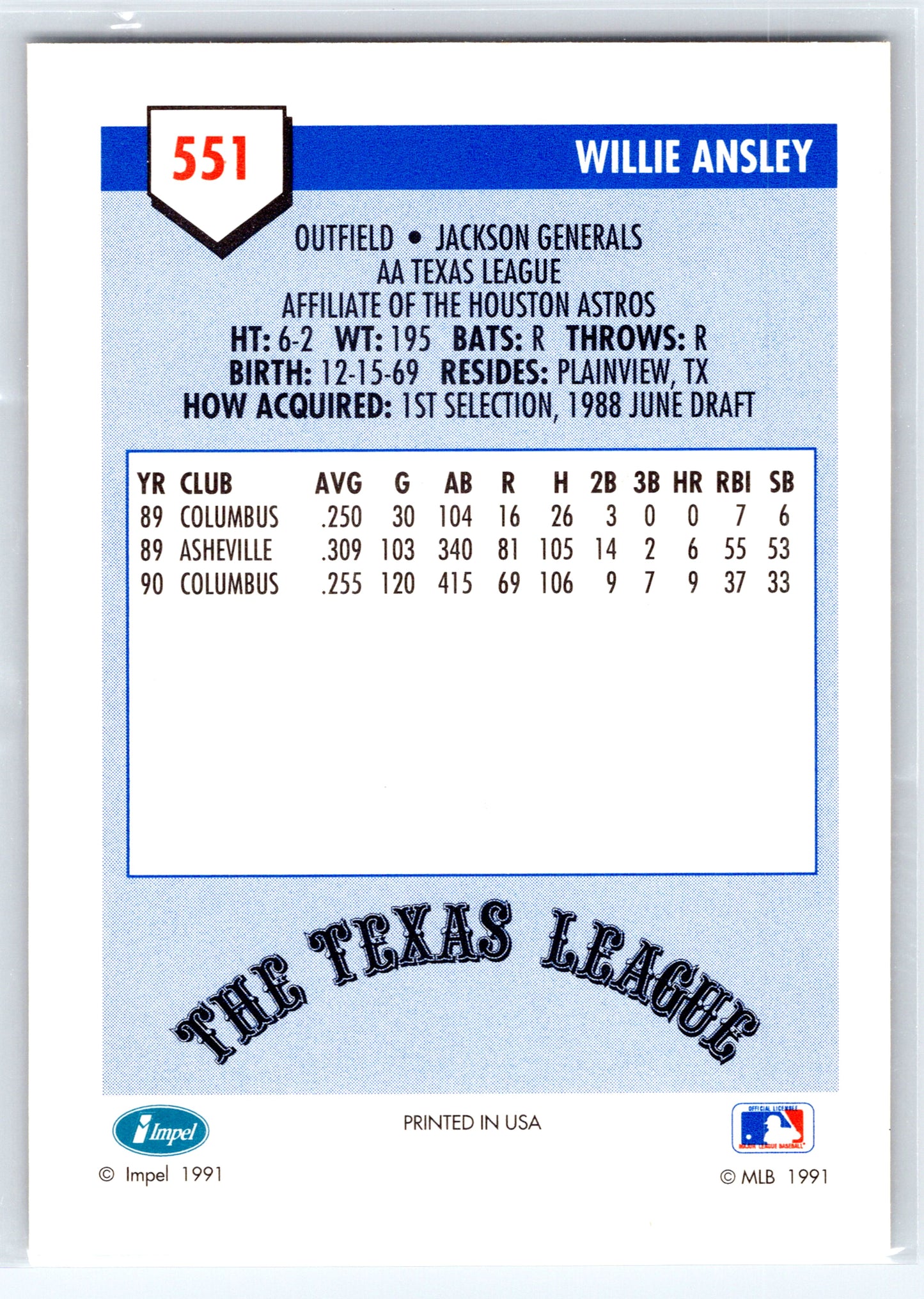 1991 Line Drive AA #551 Willie Ansley