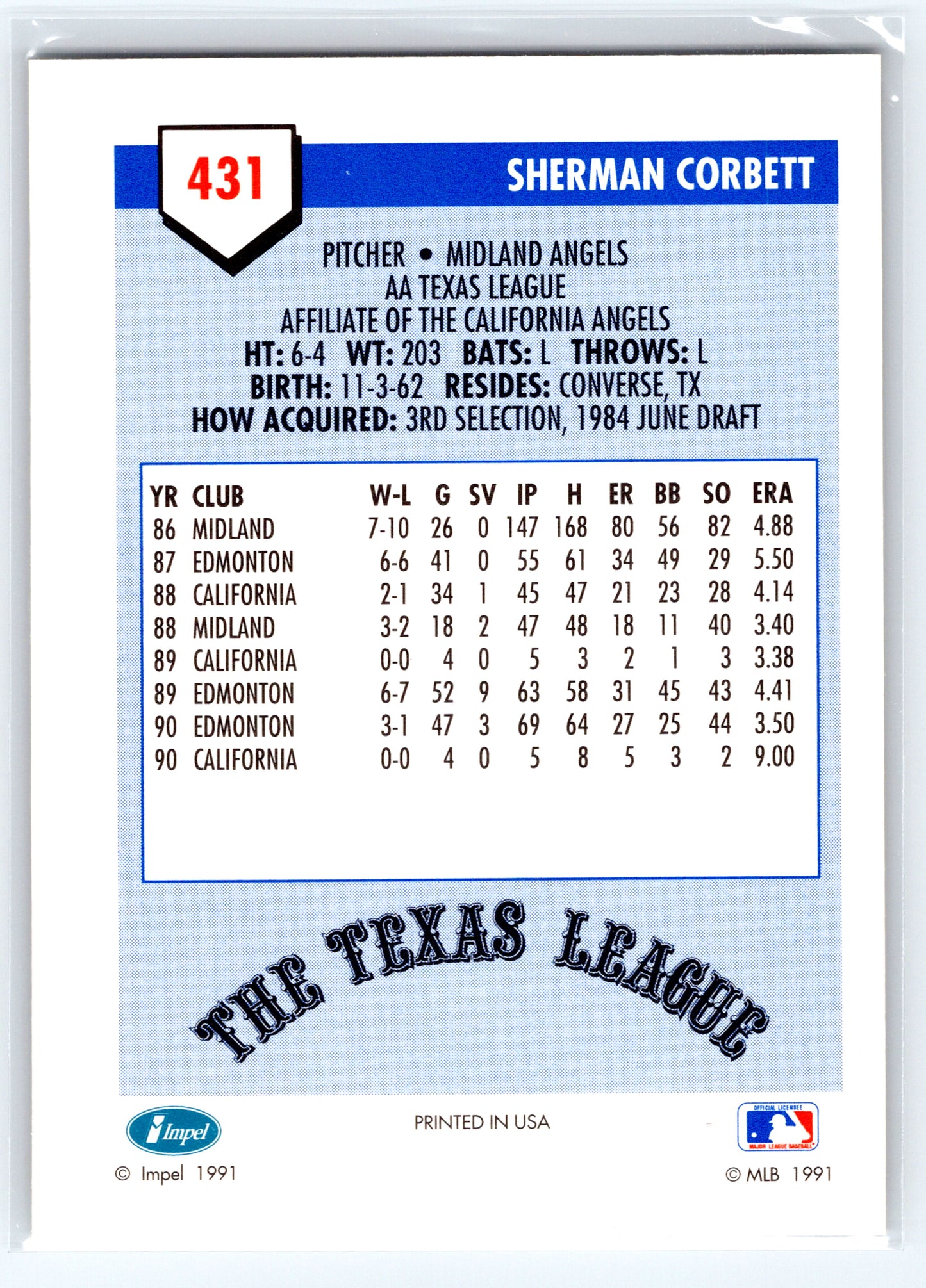 1991 Line Drive AA #431 Sherman Corbett
