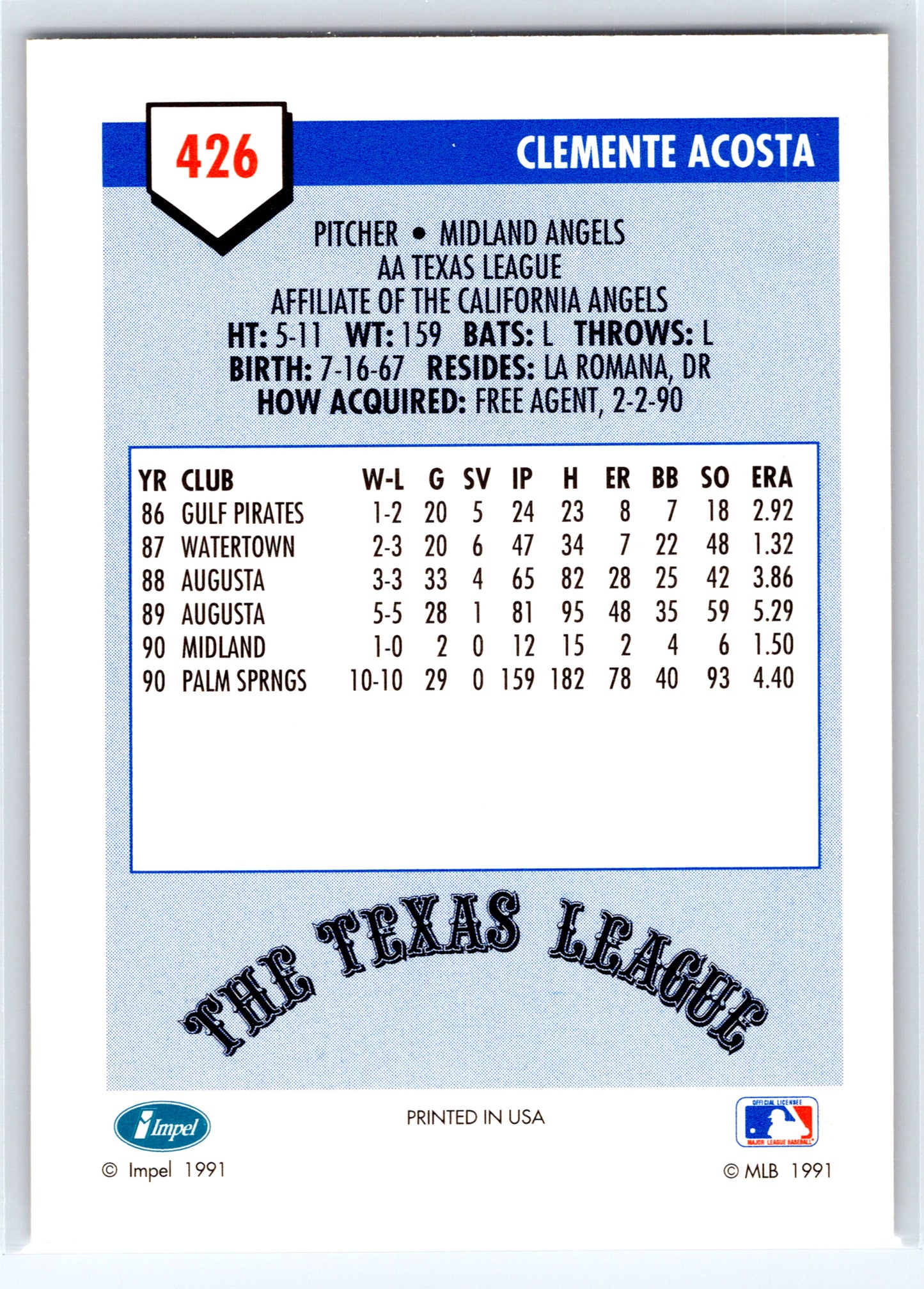1991 Line Drive AA #426 Clemente Acosta