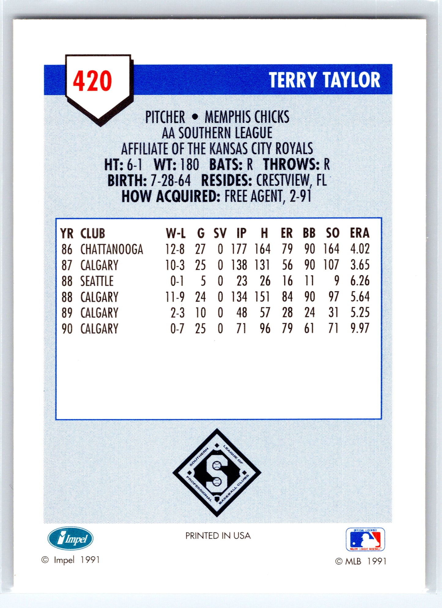 1991 Line Drive AA #420 Terry Taylor