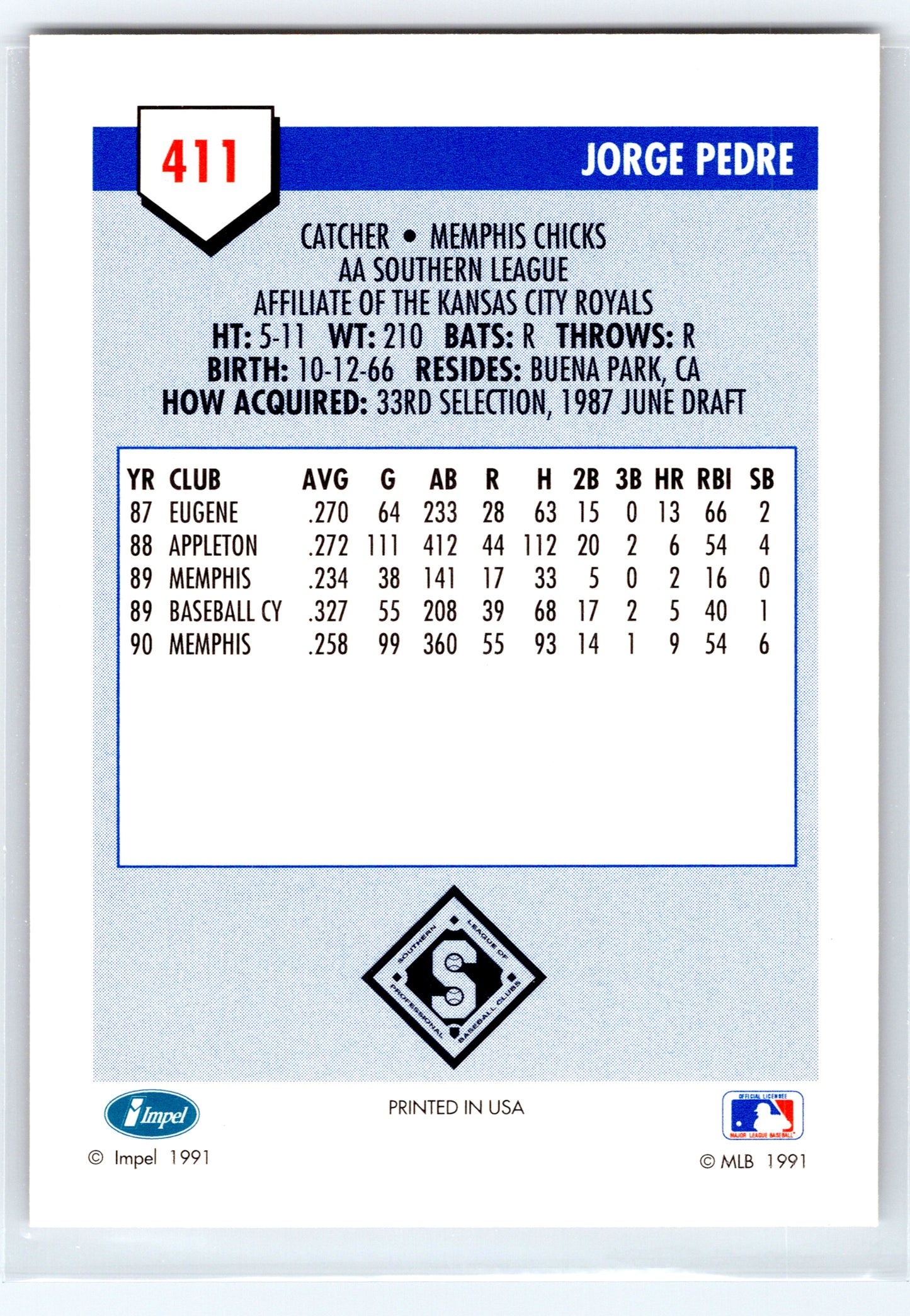 1991 Line Drive AA #411 Jorge Pedre