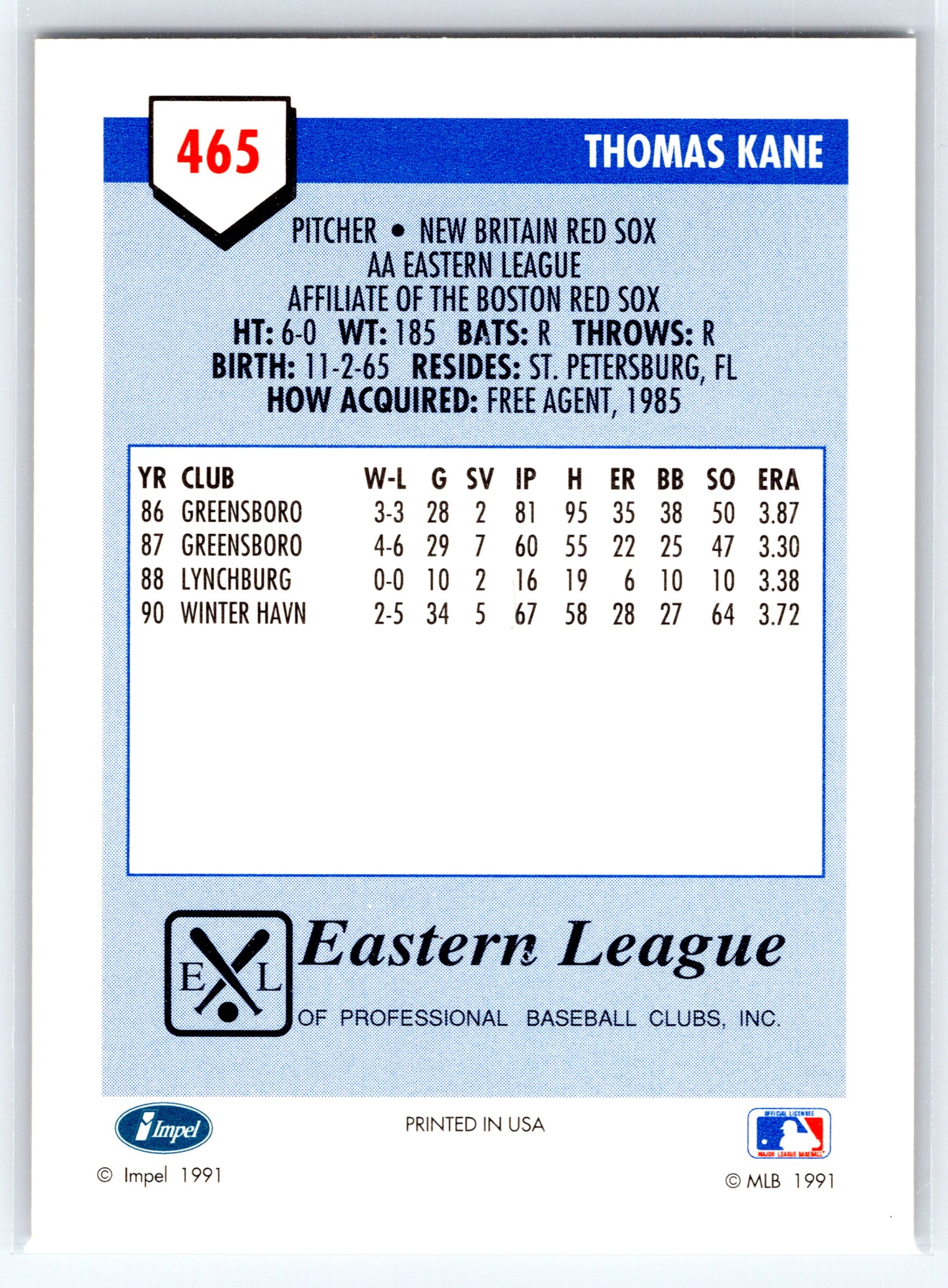 1991 Line Drive AA #465 Thomas Kane