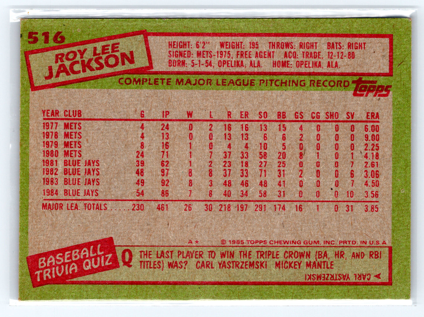 1985 Topps #516 Roy Lee Jackson