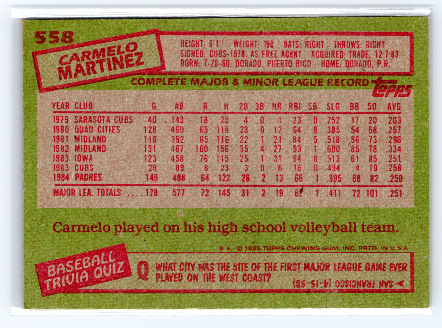 1985 Topps #558 Carmelo Martinez