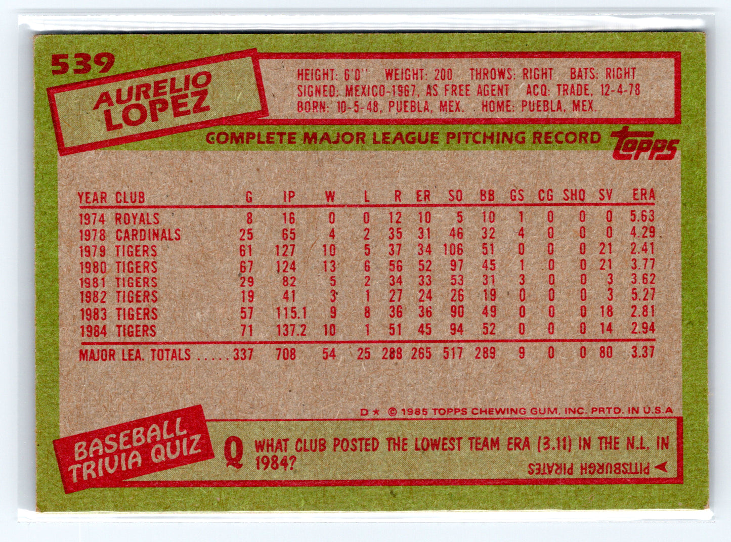 1985 Topps #539 Aurelio Lopez