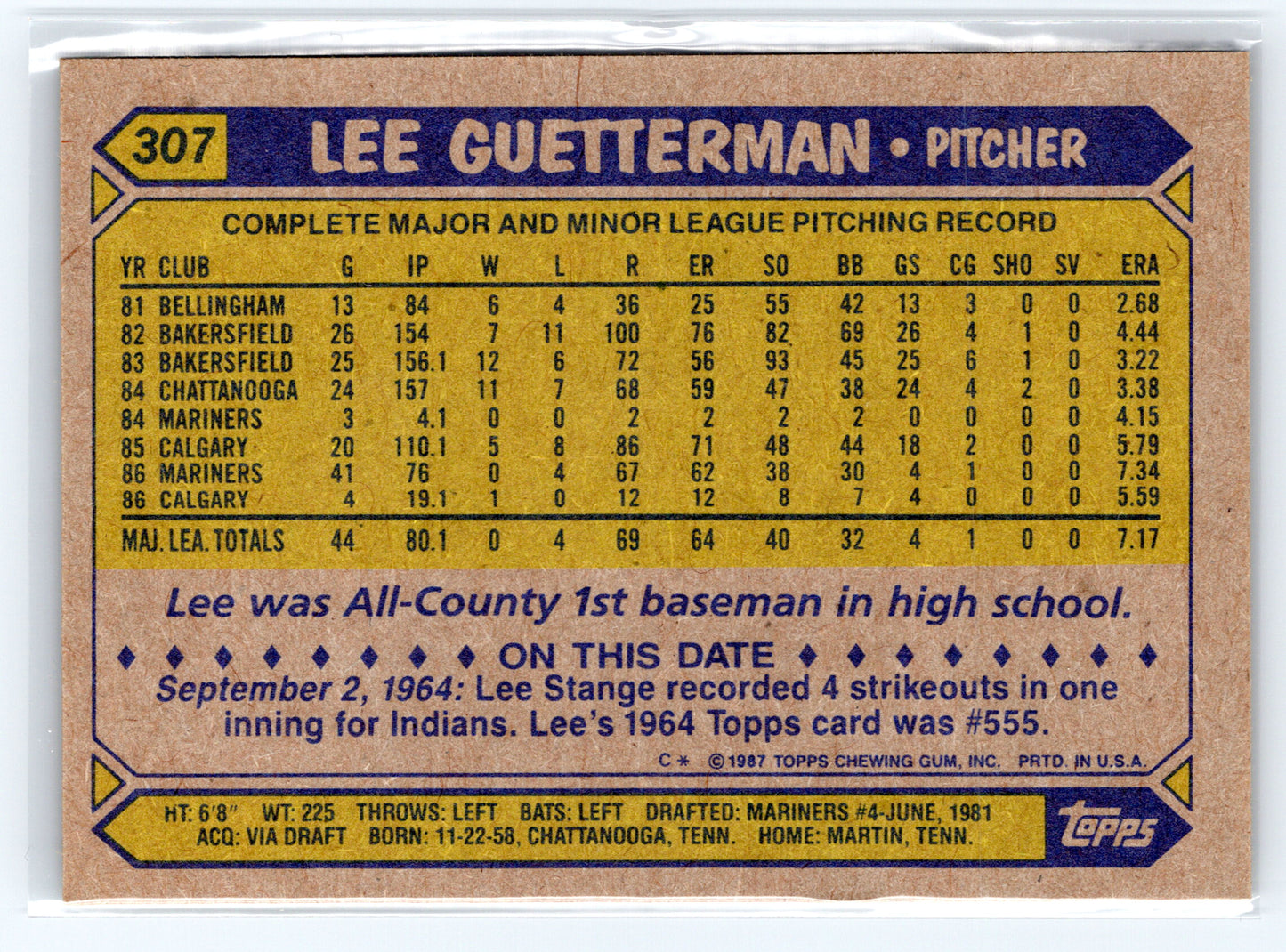 1987 Topps #307 Lee Guetterman