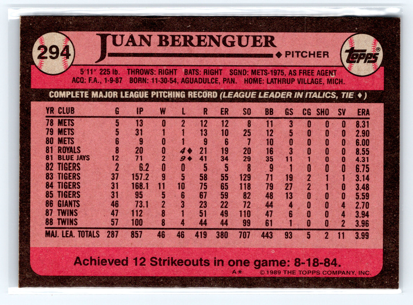 1989 Topps #294 Juan Berenguer
