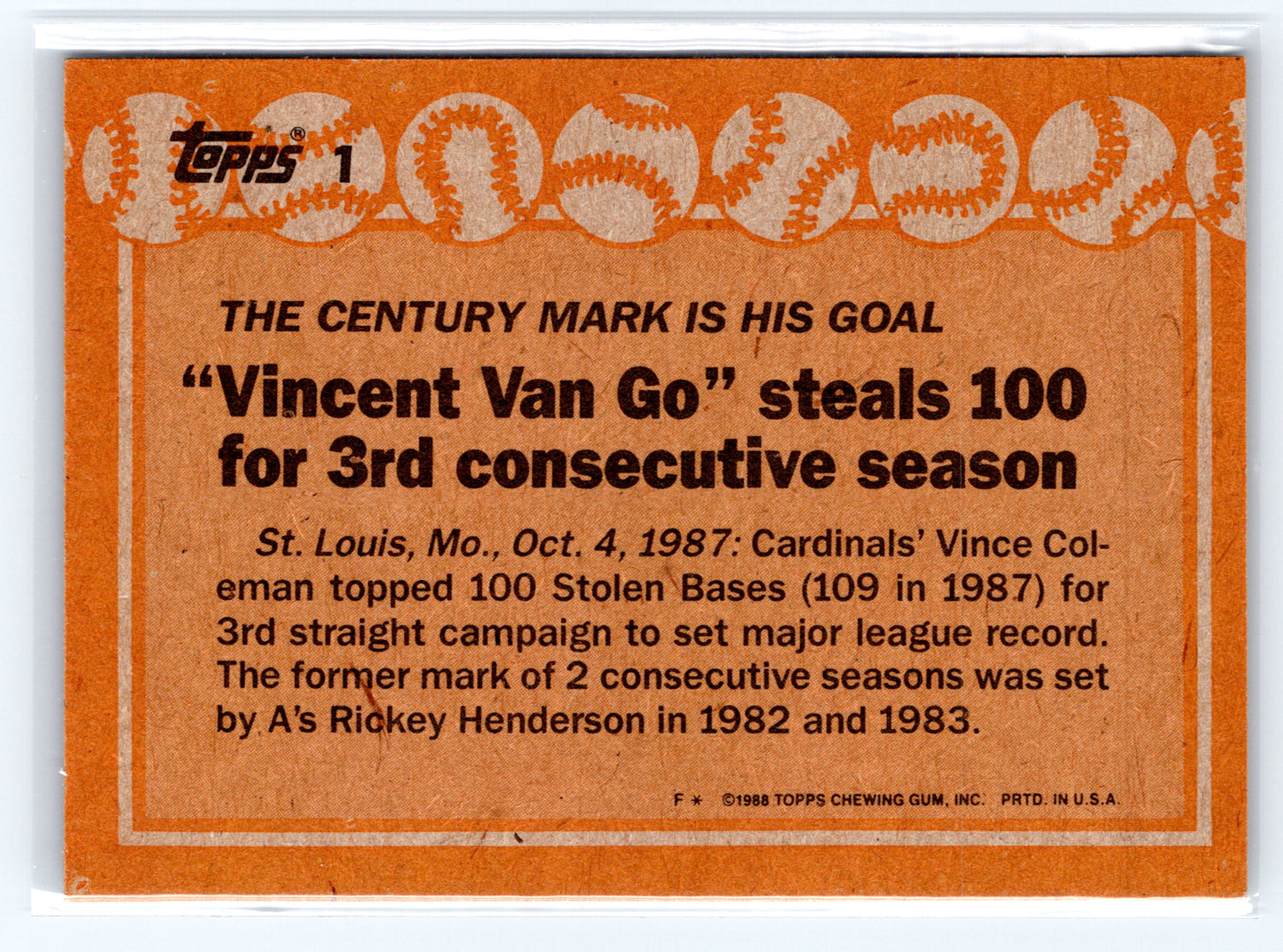 1988 Topps #1 Vince Coleman