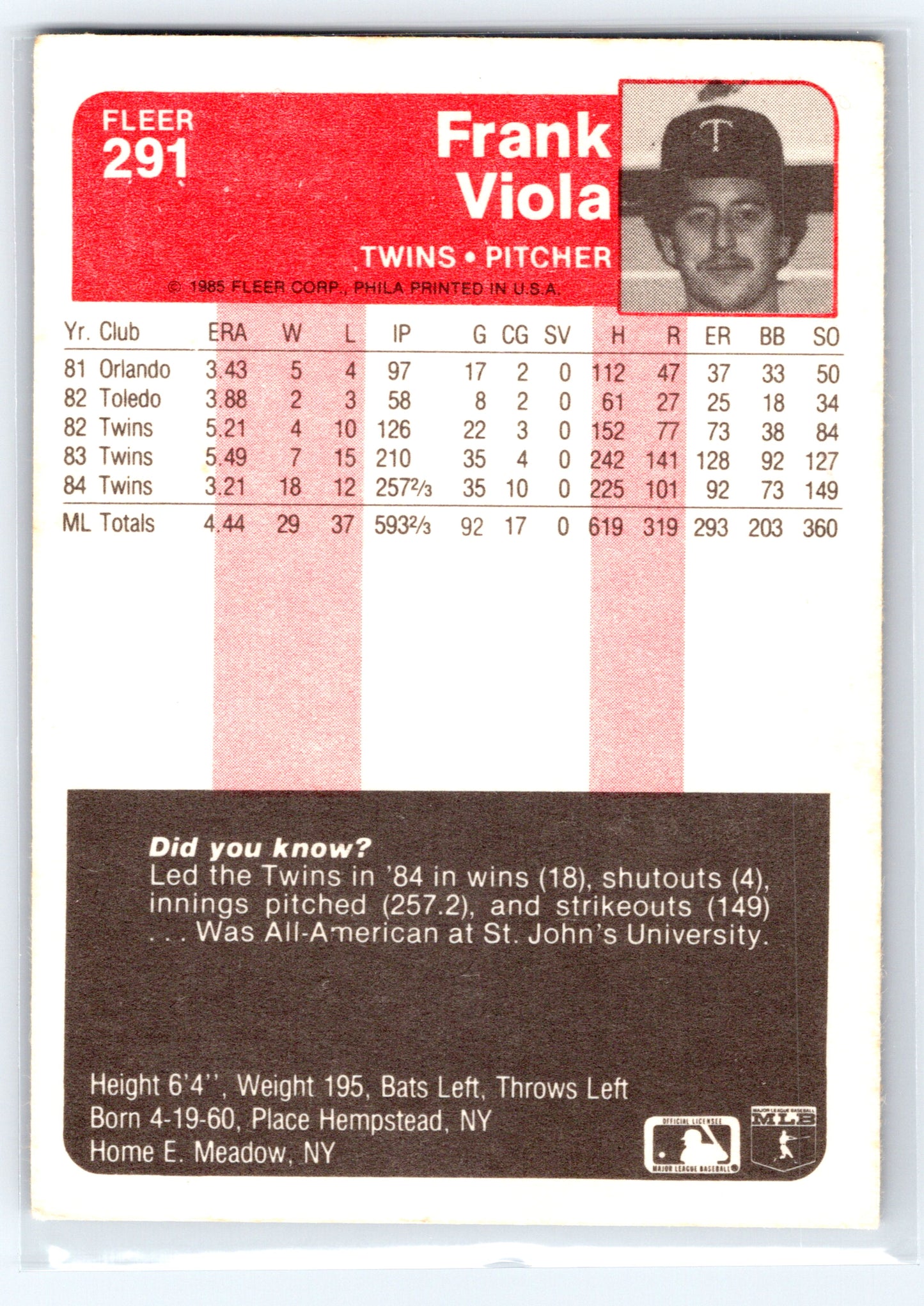 1985 Fleer #291 Frank Viola